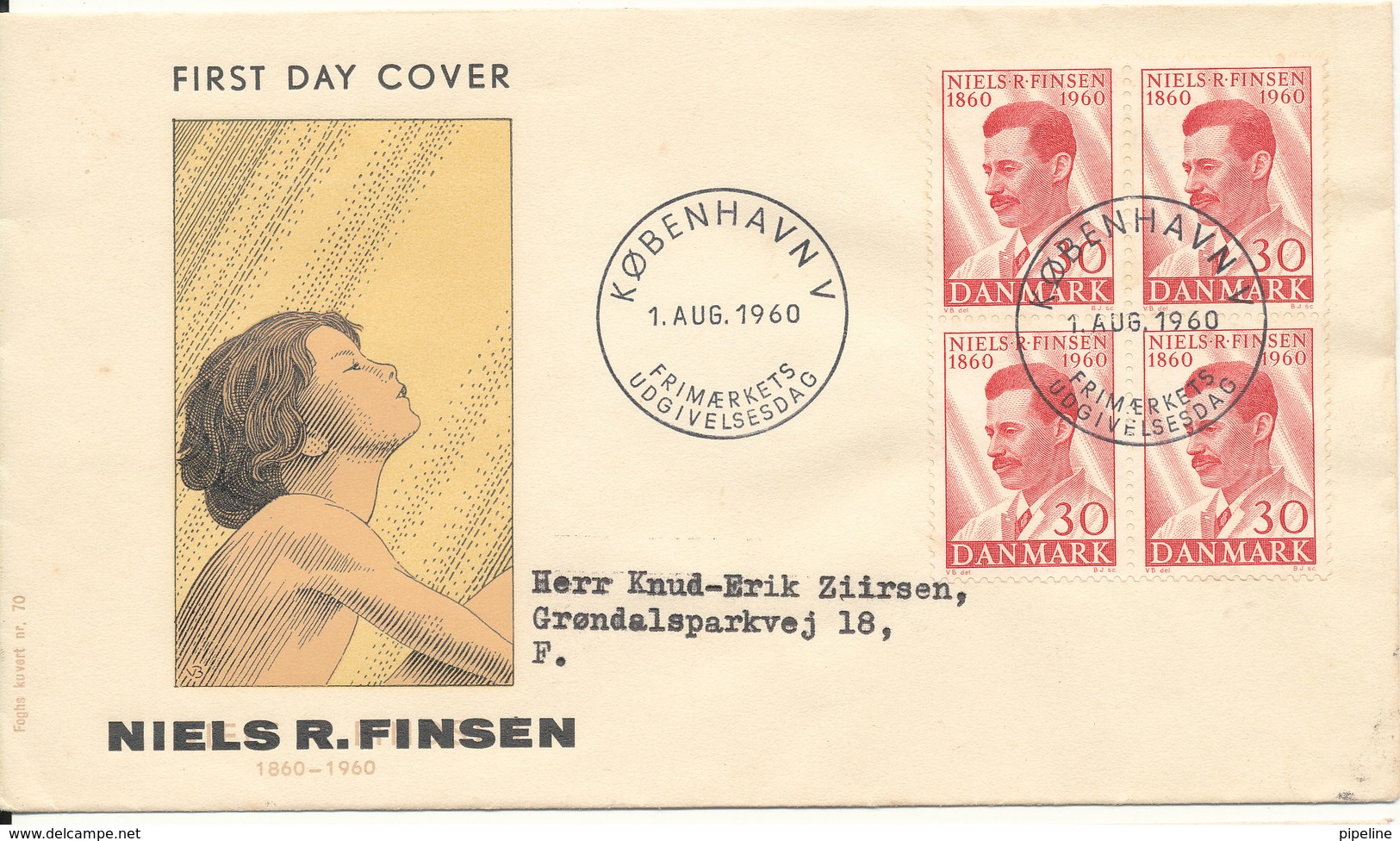 Denmark FDC 1-8-1960 Niels Finsen In Block Of 4 With Cachet - FDC