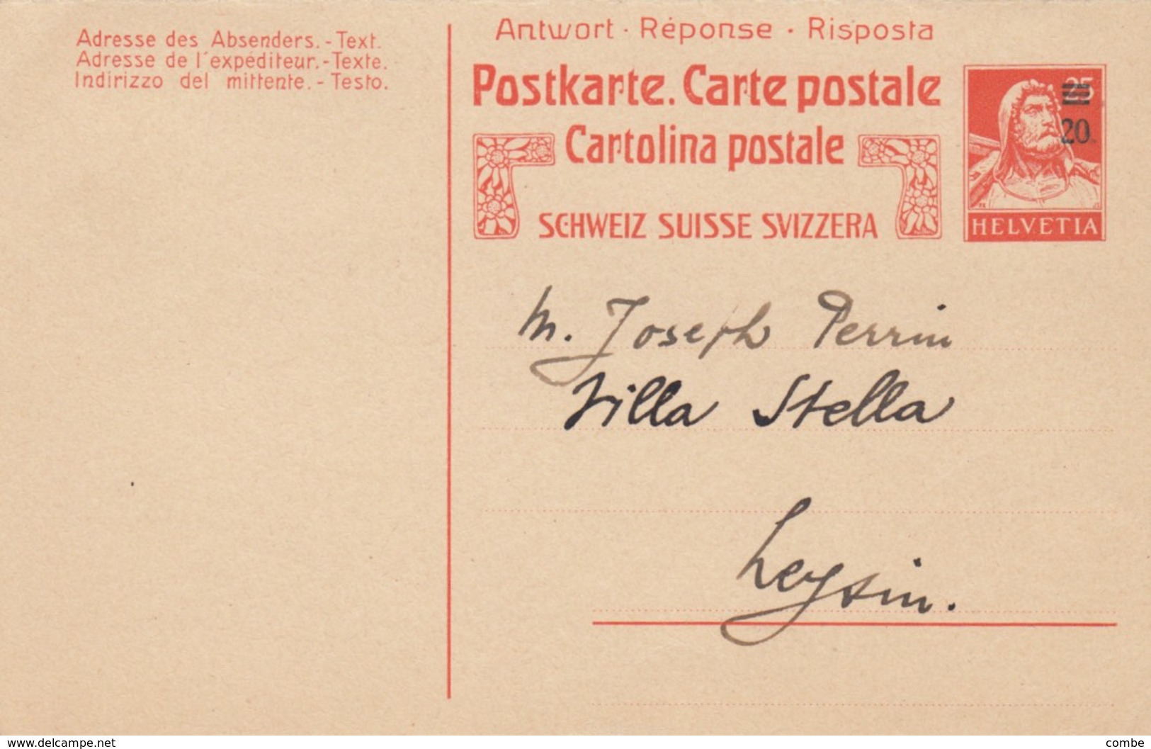 CARTE POSTALE. ENTIER SUISSE 25c SURCHARGE 20c - Entiers Postaux