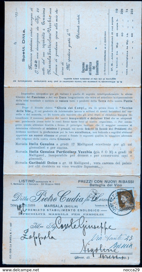 CARTOLINA COMMERCIALE DI MARSALA ( TRAPANI ) DEL 1932 - LISTINO PREZZI VINI CUDIA - BATTAGLIA DEL VINO (INT281) - Negozi