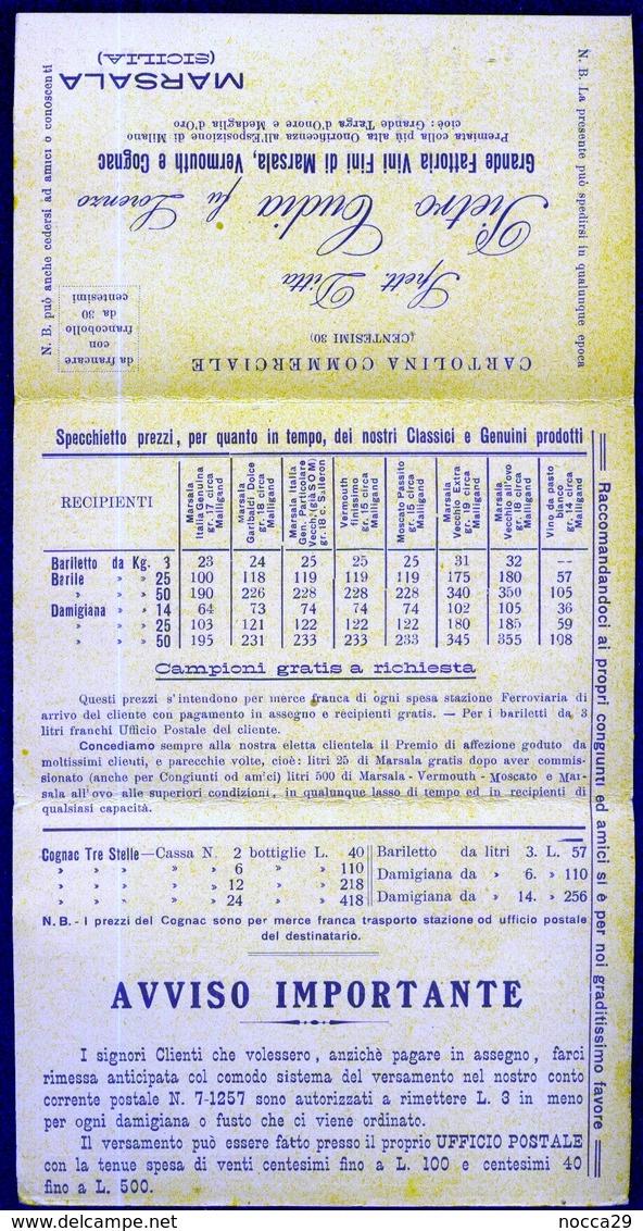 CARTOLINA COMMERCIALE DI MARSALA ( TRAPANI ) DEL 1932 - LISTINO PREZZI VINI CUDIA - BATTAGLIA DEL VINO (INT281) - Negozi