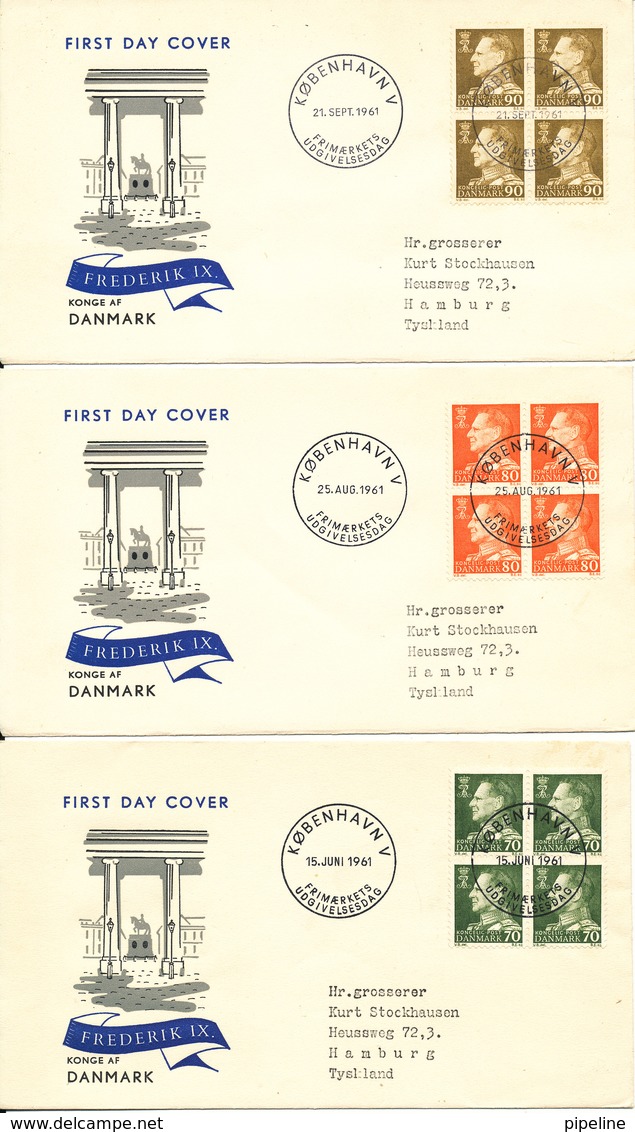 Denmark FDC 1961 Frederik IX Complete 9 Issue In 1961 In Block Of 4 On 9 Covers With Cachet And Sent To Germany - FDC