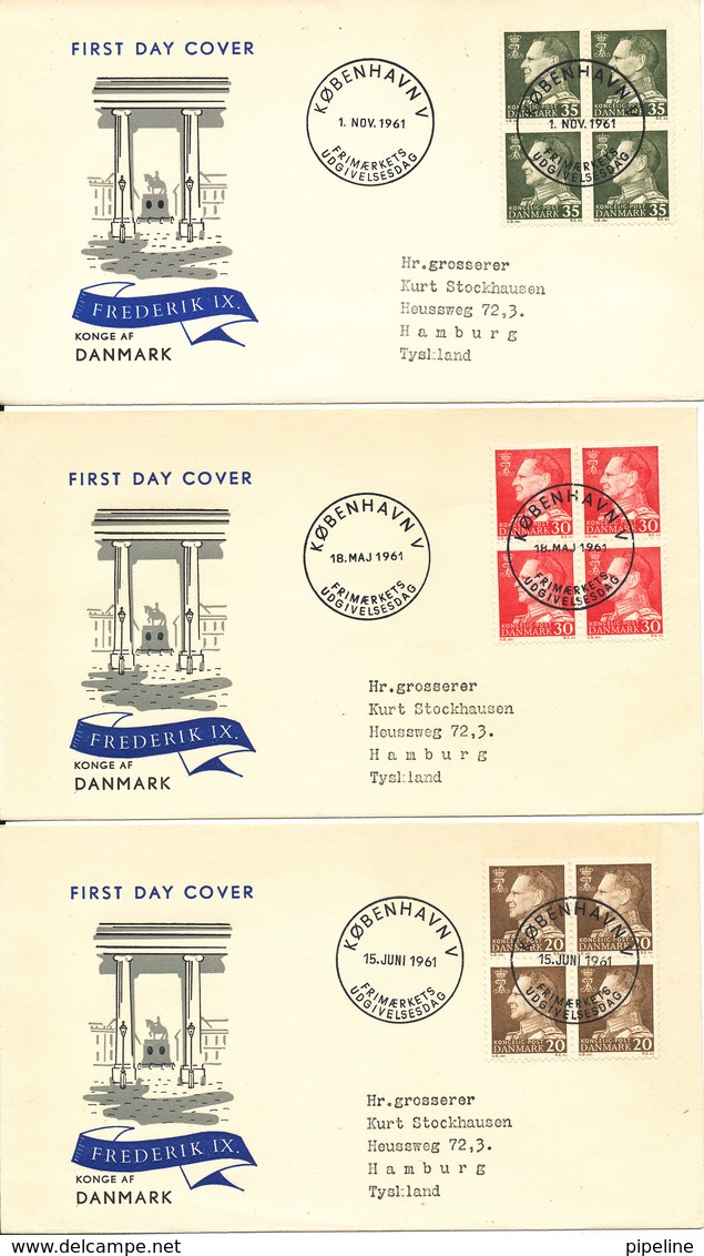 Denmark FDC 1961 Frederik IX Complete 9 Issue In 1961 In Block Of 4 On 9 Covers With Cachet And Sent To Germany - FDC