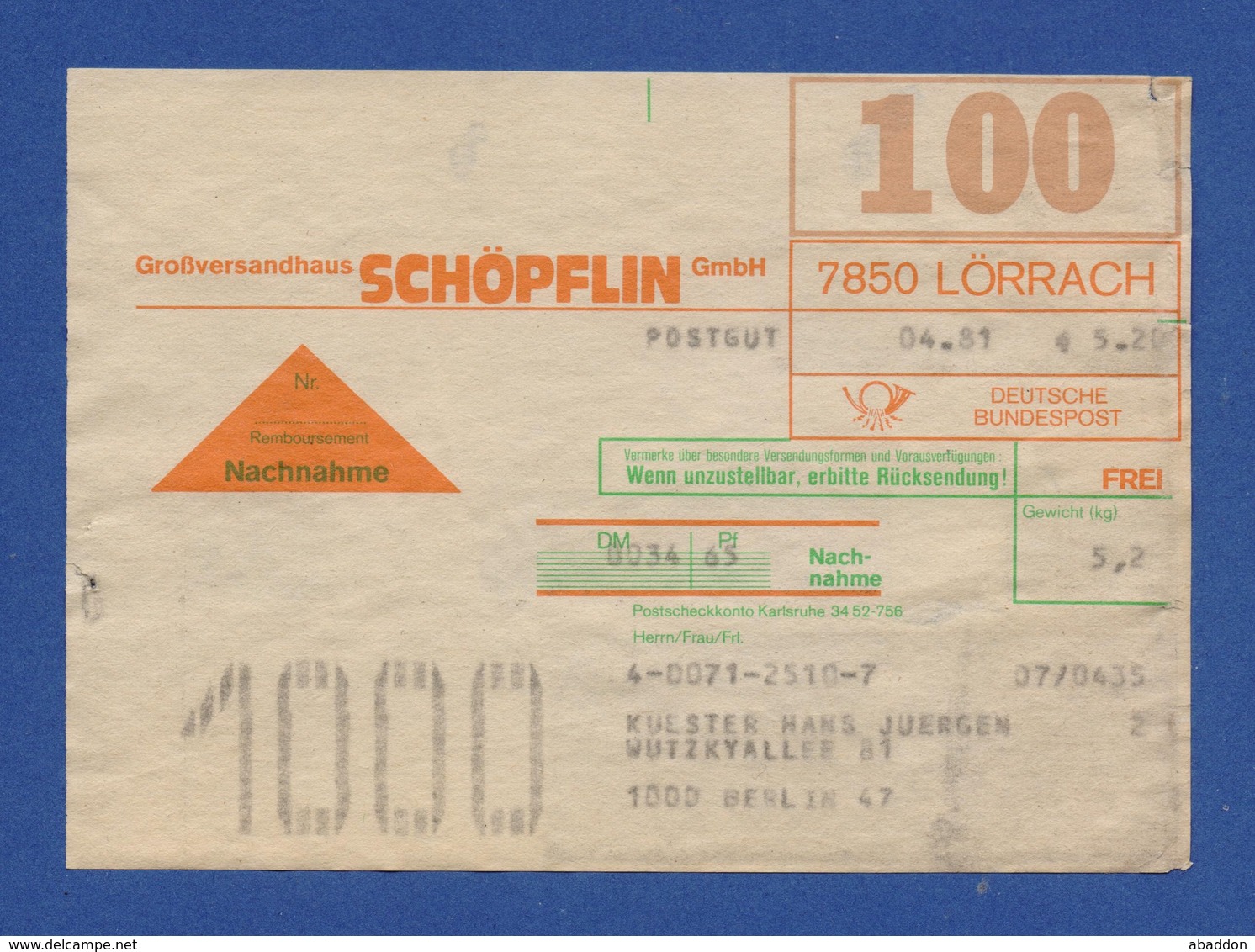 BRD Beleg Nachnahme - Großversandhaus SCHÖPFLIN GmbH, LÖRRACH 1981 - Sonstige & Ohne Zuordnung