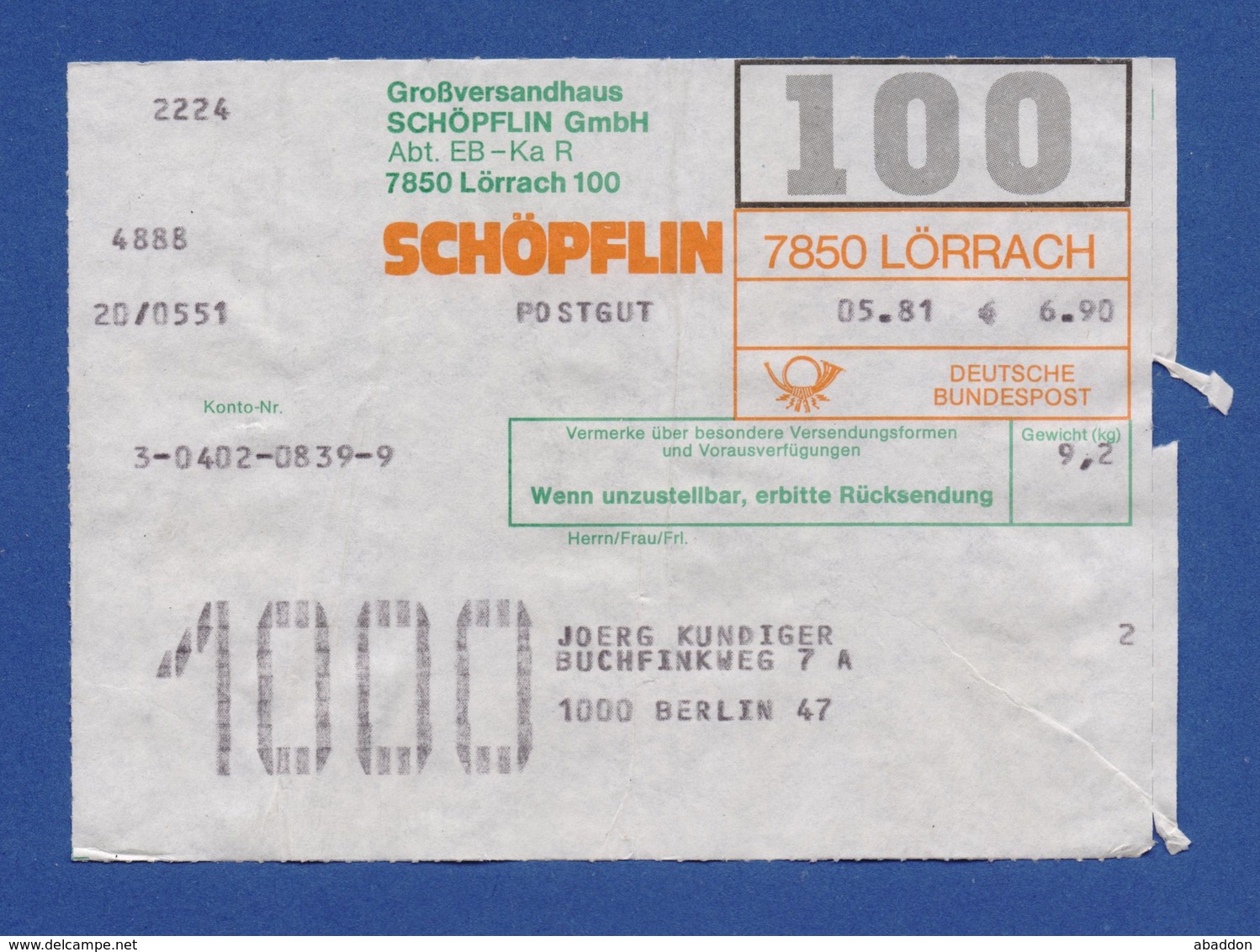 BRD Beleg Postgut - Großversandhaus SCHÖPFLIN GmbH, LÖRRACH 1981 - Sonstige & Ohne Zuordnung