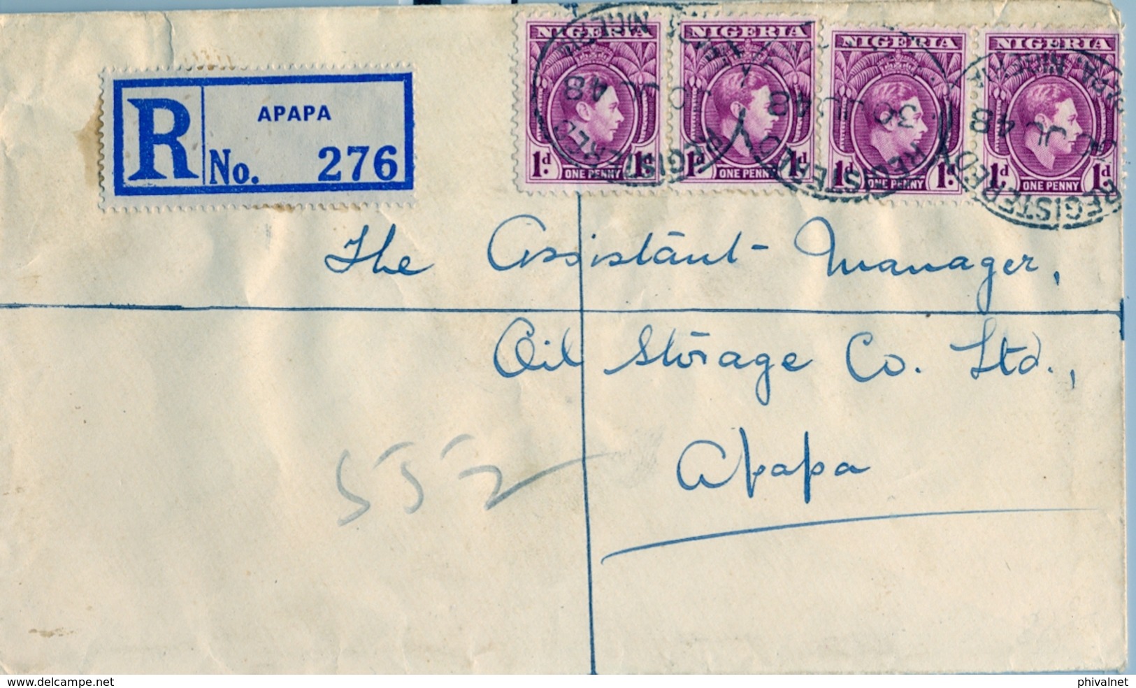 1948 , NIGERIA , SOBRE CERTIFICADO , APAPA - INTERIOR - Nigeria (...-1960)