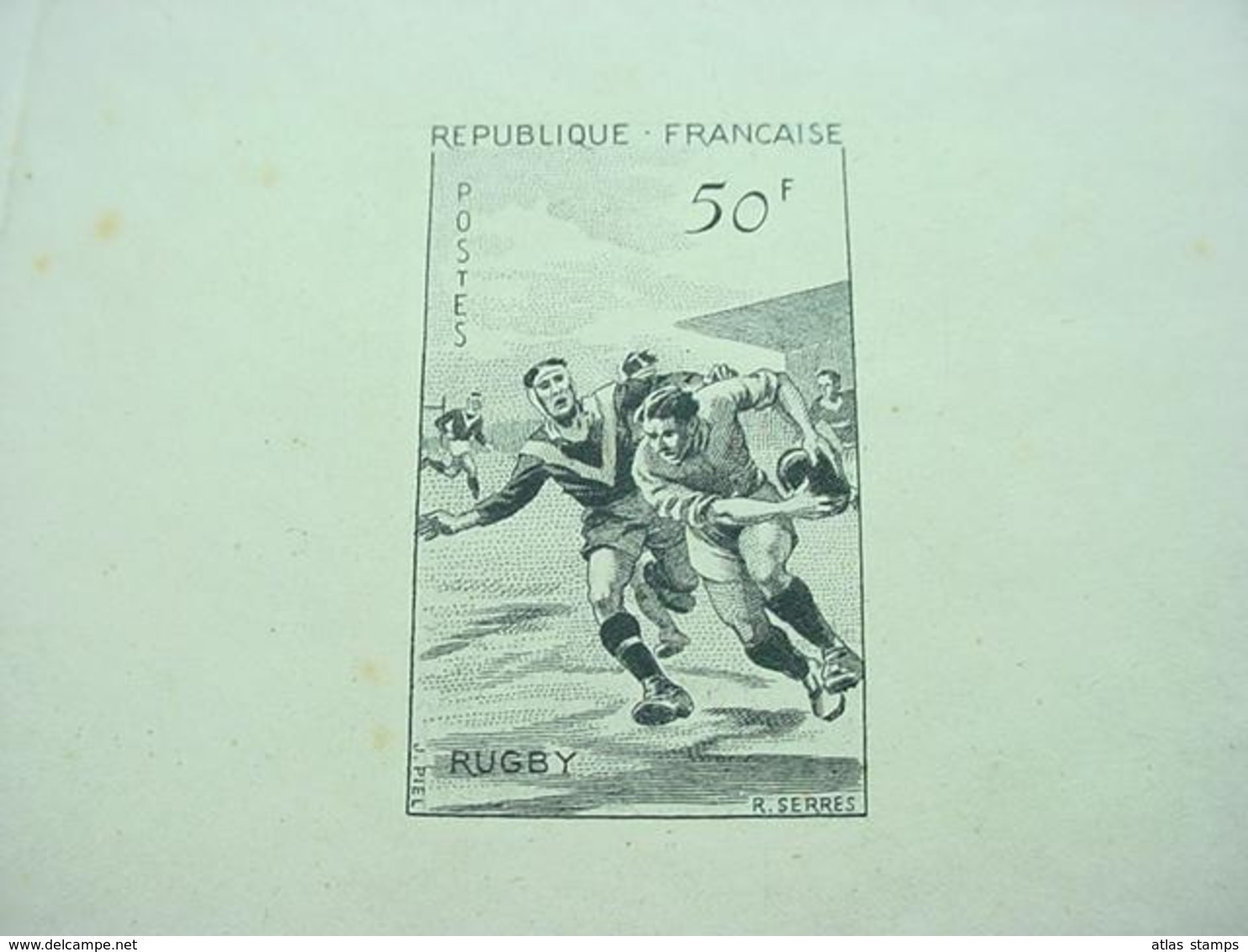 FRANCE  1956  - Sport " RUGBY " , Yvert# 1074  - Epreuve D'Artiste En Noir , Signé - Points De  Rousseurs . - Epreuves D'artistes