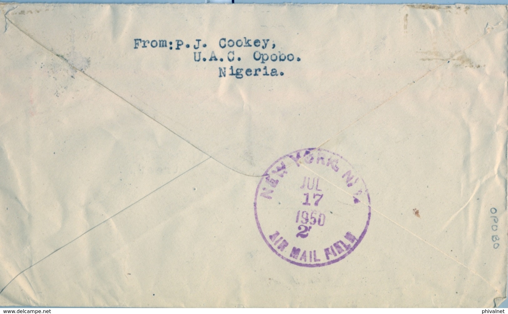 1950 , NIGERIA , SOBRE CIRCULADO , OPOBO - PHILADELPHIA , TRÁNSITO NEW YORK , TASA POR INSUFICIENCIA DE FRANQUEO - Nigeria (...-1960)