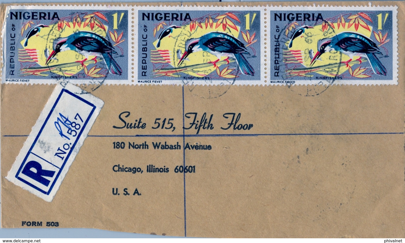 1966 NIGERIA , SOBRE CERTIFICADO , PORT HARCOURT - CHICAGO , LLEGADA , TRÁNSITOS , FR. AVES , BIRDS , KINGFISHER - Nigeria (1961-...)