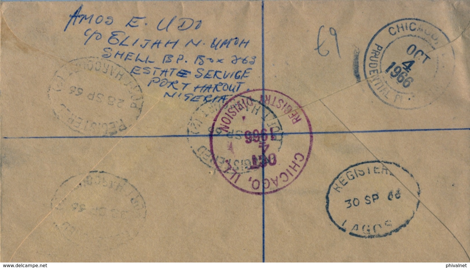 1966 NIGERIA , SOBRE CERTIFICADO , PORT HARCOURT - CHICAGO , LLEGADA , TRÁNSITOS , FR. AVES , BIRDS , KINGFISHER - Nigeria (1961-...)