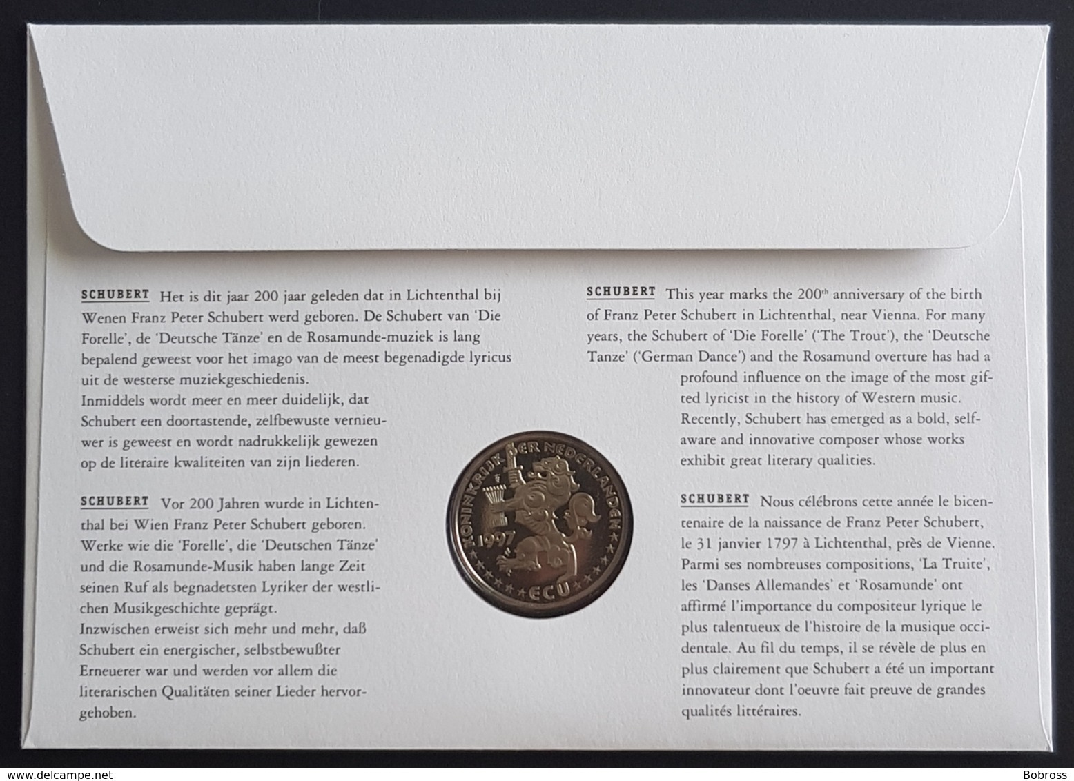 1997 FDC, Ecu Brief With Coin, Lettre, Franz Schubert, Nederland, Netherlands, Holland, Pays Bas - FDC