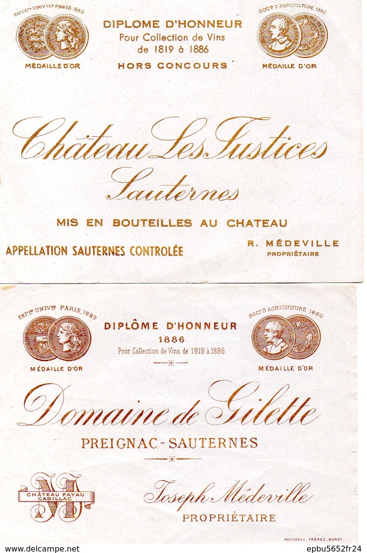 Etiquettes Diplôme D'honneur Pour Collection De Vin De 1819 Et 1886 Château LES JUSTICES Et Domaine De GILETTE Sauternes - Bordeaux