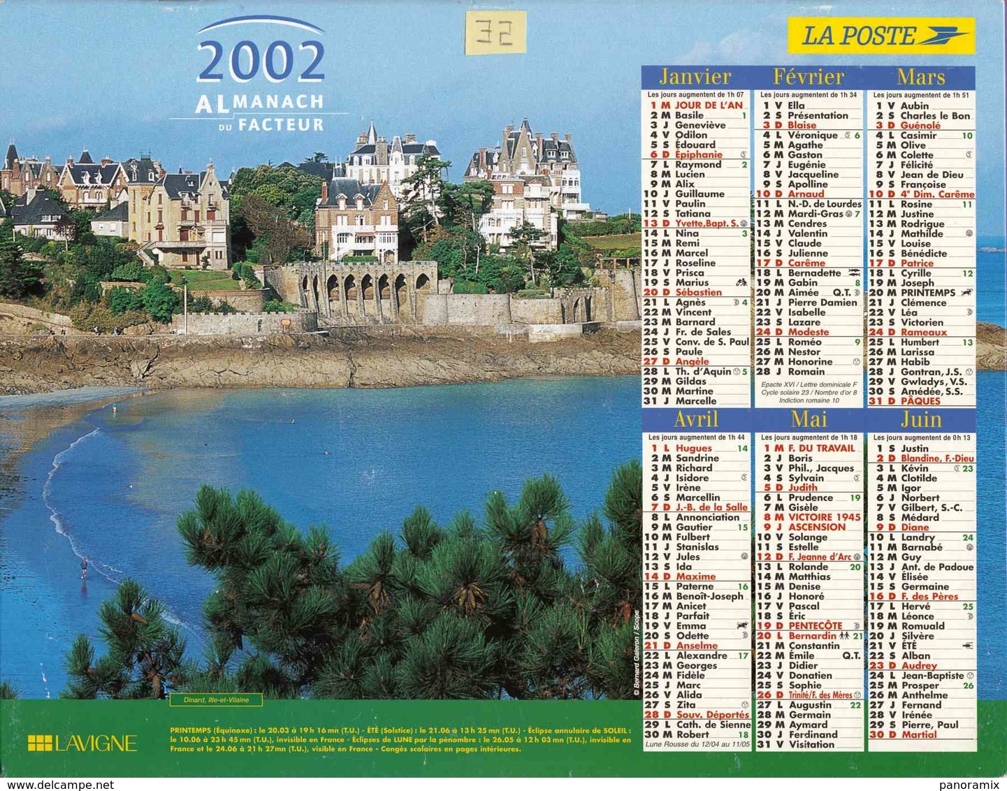 °° Calendrier Almanach La Poste 2002 Lavigne - Dépt 32 - Vues De Dinard Et De Belle Ile En Mer - Grossformat : 2001-...