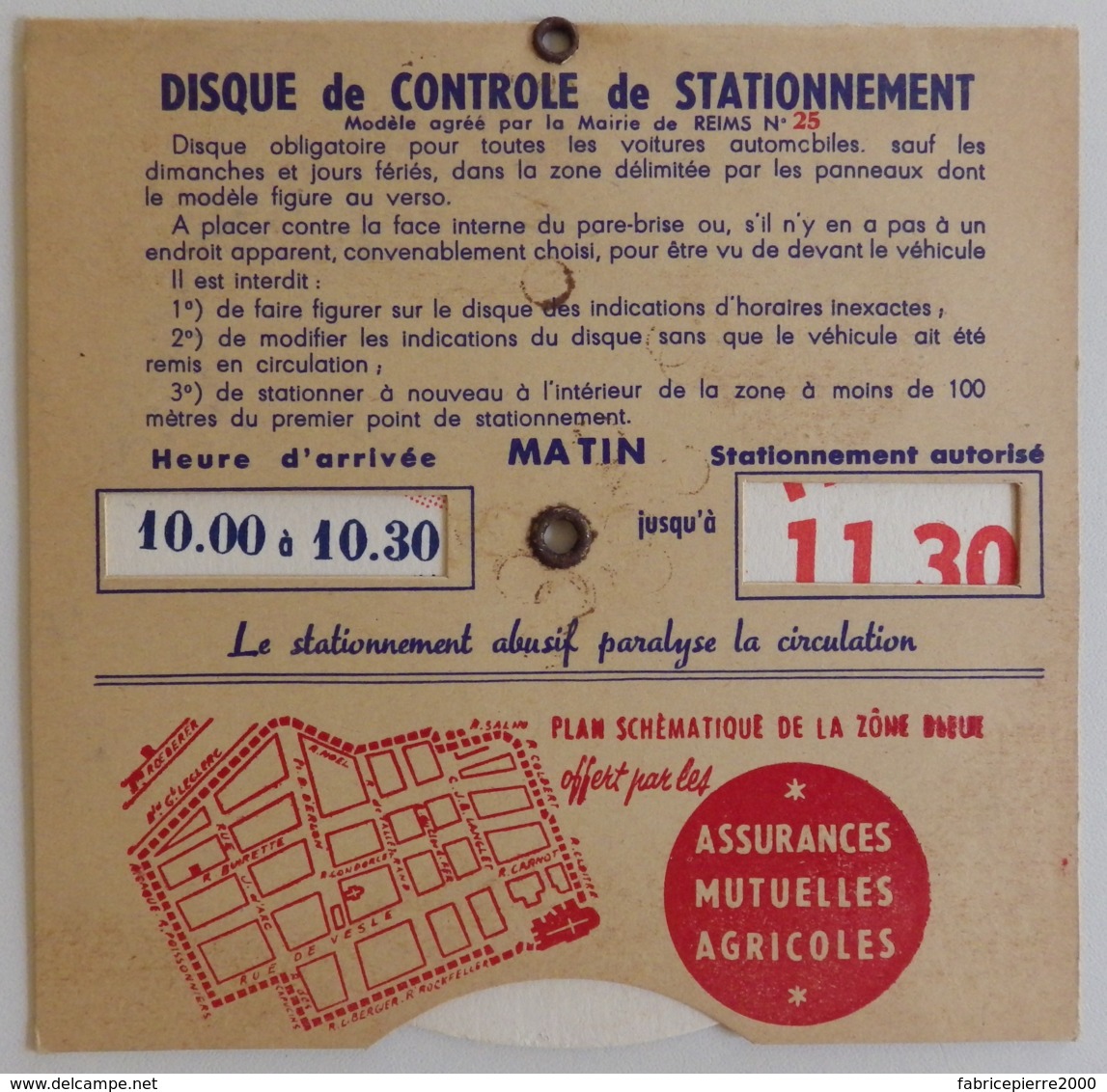 REIMS (51) Assurances Mutuelles Agricoles - Disque De Contrôle De Stationnement - TBE - Cars