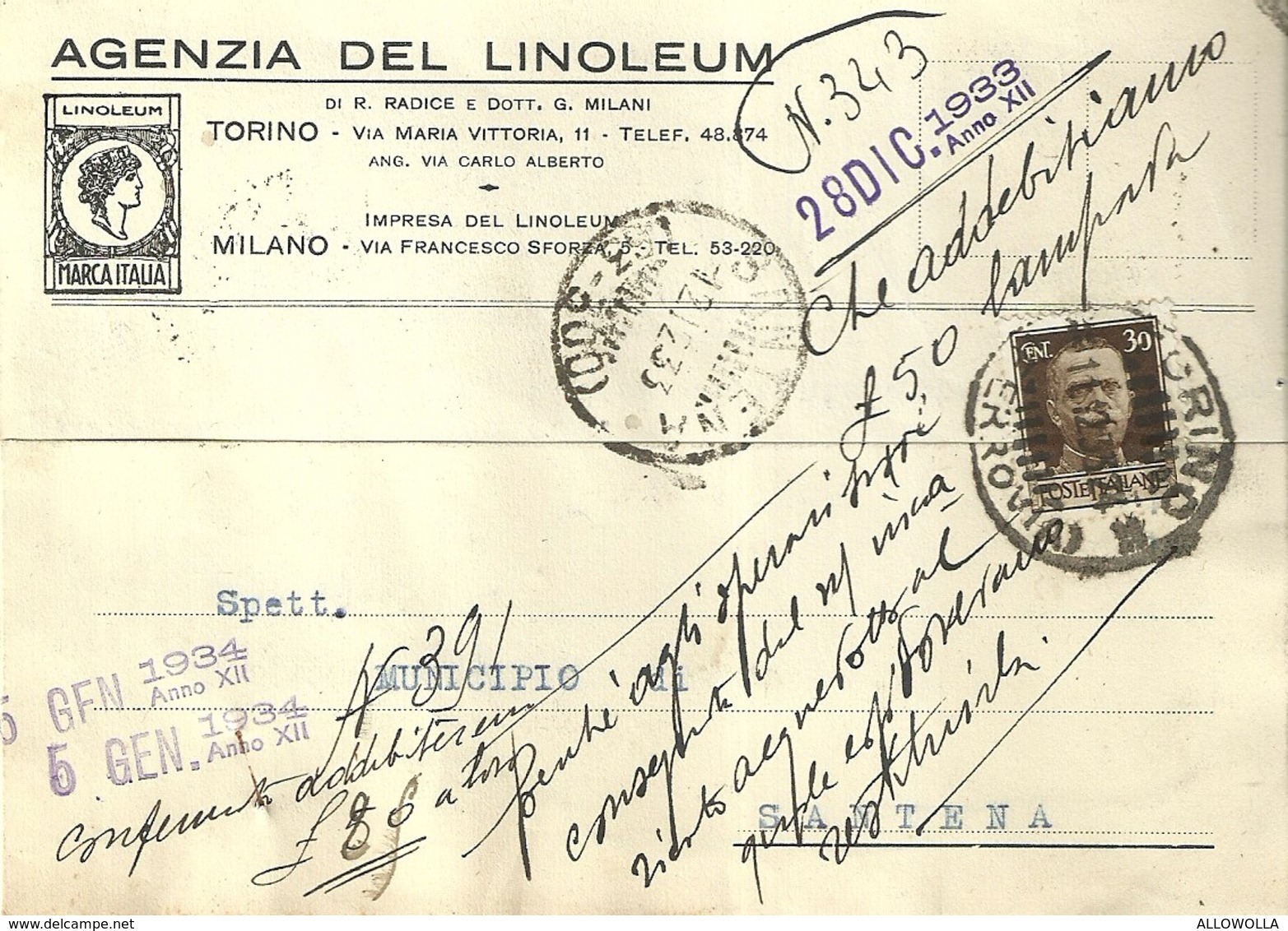 4512"AGENZIA DEL LINOLEUM-TORINO-MILANO "-CART. POST.ORIG. SPED 1933 AL MUNICIPIO DI SANTENA-TORINO - Negozi