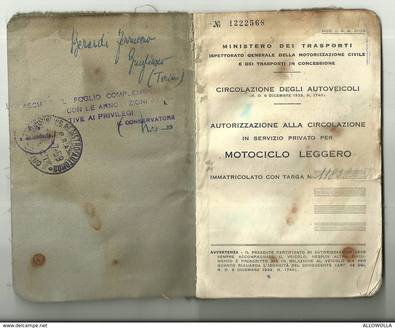 4513"AUTORIZZAZIONE ALLA CIRCOLAZIONE IN SERVIZIO PRIVATO PER MOTOCICLO LEGGERO-1959" ORIGINALE - Motos
