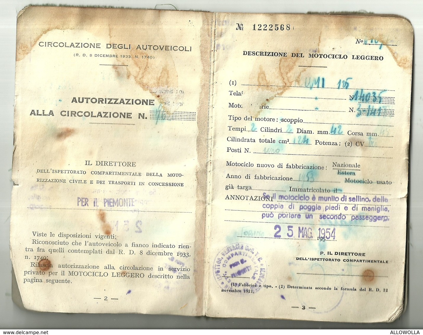 4513"AUTORIZZAZIONE ALLA CIRCOLAZIONE IN SERVIZIO PRIVATO PER MOTOCICLO LEGGERO-1959" ORIGINALE - Motos