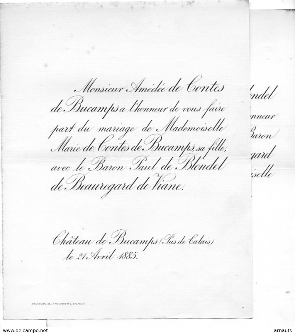 Mariage 1886  Paul De Blondel De Beauregard De Viane & Marie De Contes De Bucamps Château  Pas-de-Calais Bruxelles - Mariage