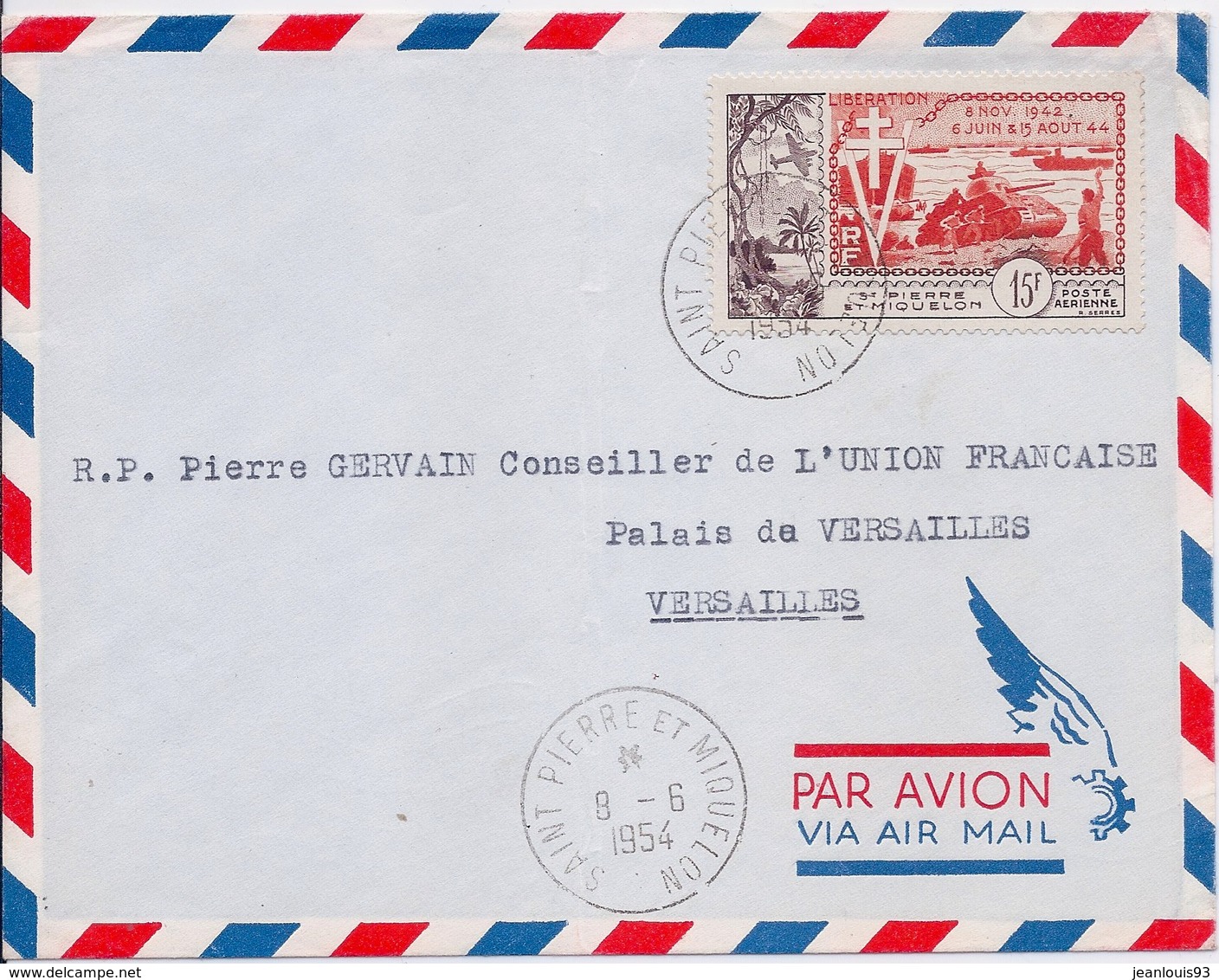 SAINT PIERRE ET MIQUELON - LETTRE PAR AVION TIMBRE LIBERATION 1954 - Briefe U. Dokumente