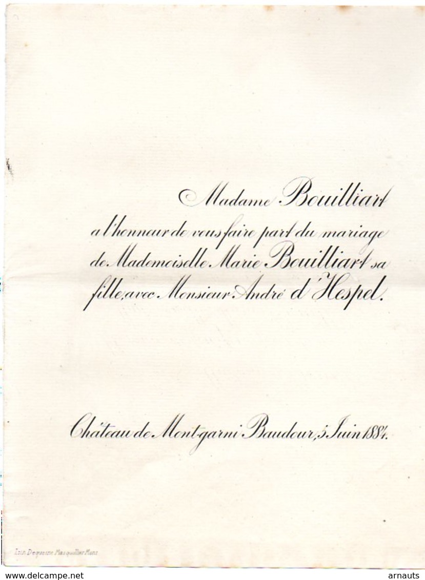 Mariage 1884 Marie Bouilliard & André D'Hespel Château De Montgarni Baudoir 1 Feuille - Mariage