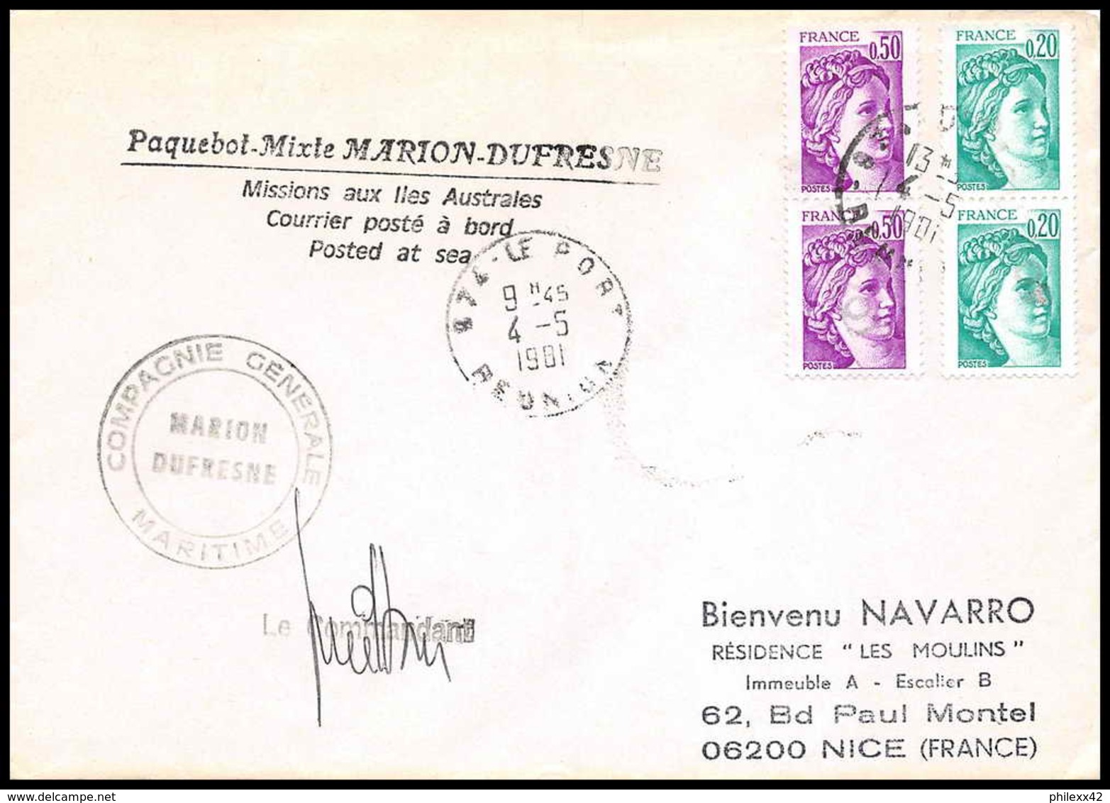 1310 Marion Dufresne La Reunion 4/5/1981 TAAF Antarctic Terres Australes Lettre (cover) - Lettres & Documents