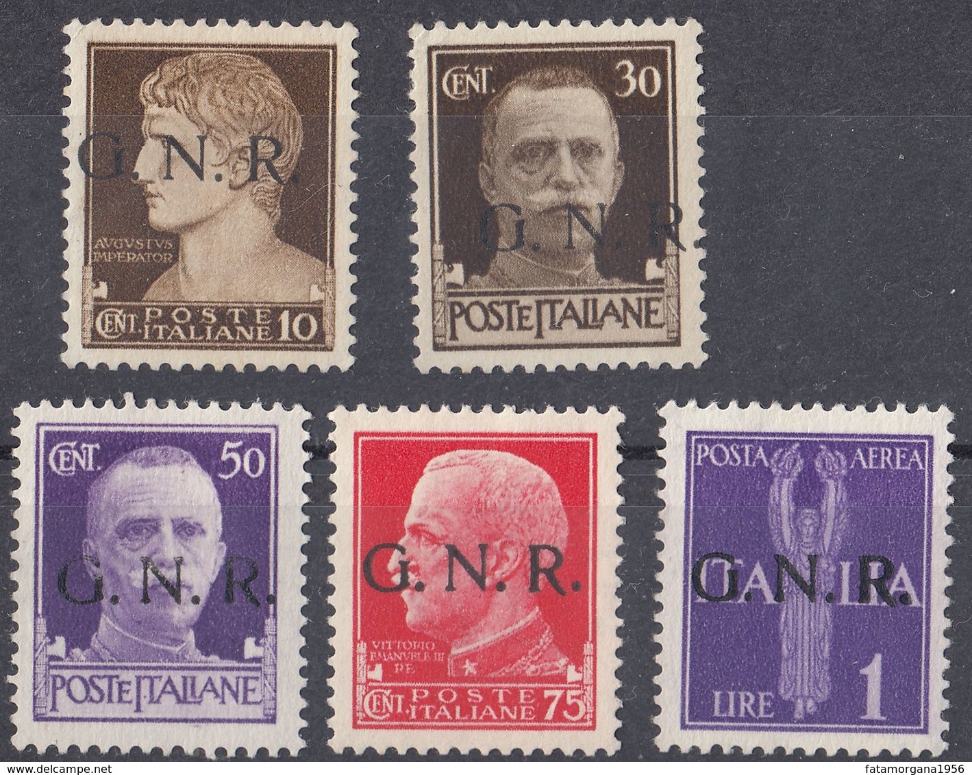 REP. SOCIALE ITALIANA - 1944 - Lotto Di 5 Nuovi Senza Gomma: Yvert 2, 6, 8, 9 E Posta Aerea 5. - Mint/hinged