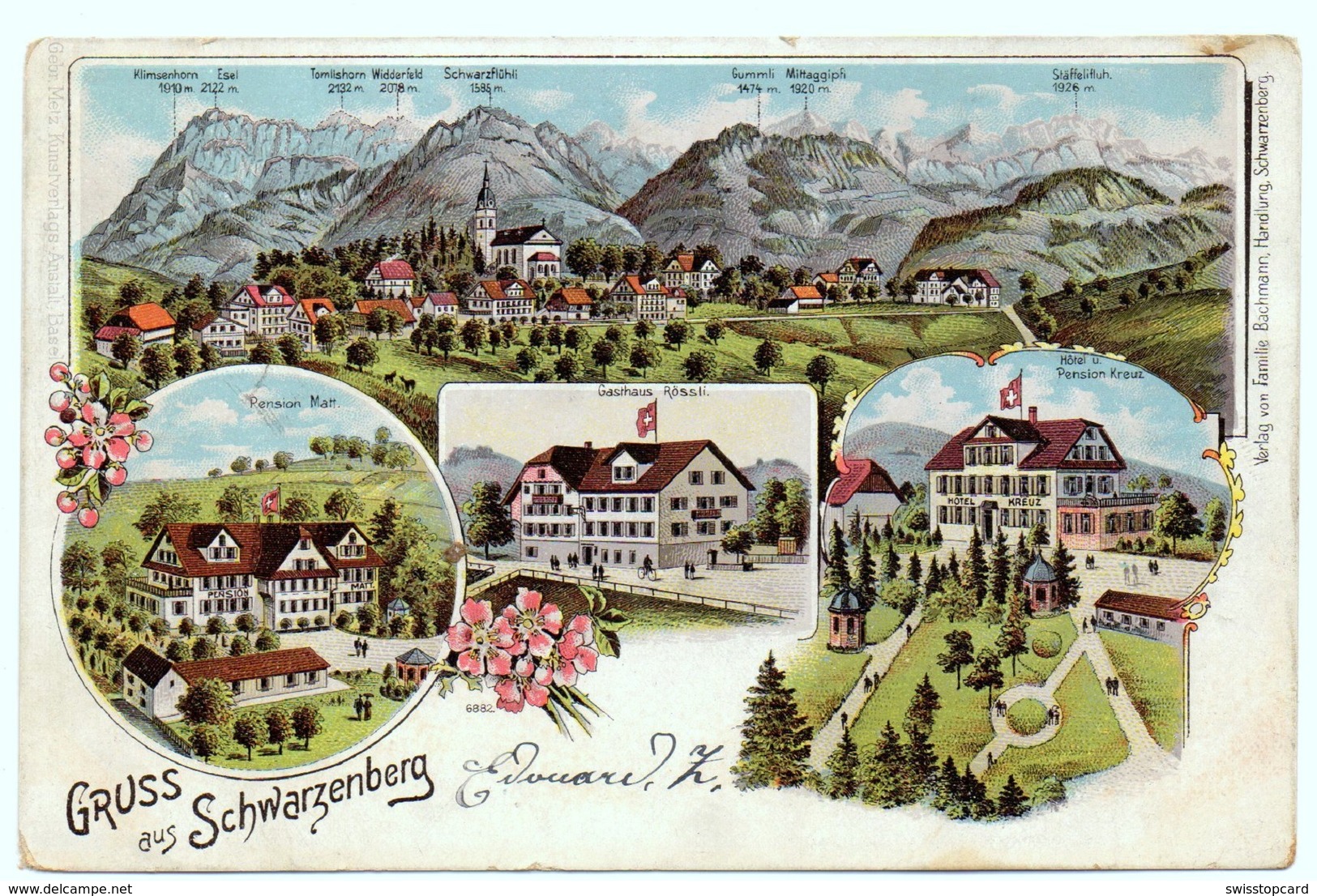 LITHO Gruss Aus Schwarzenberg (Luzern) Pension Matt Gasthaus Rössli Hotel Pension Kreuz - Schwarzenberg