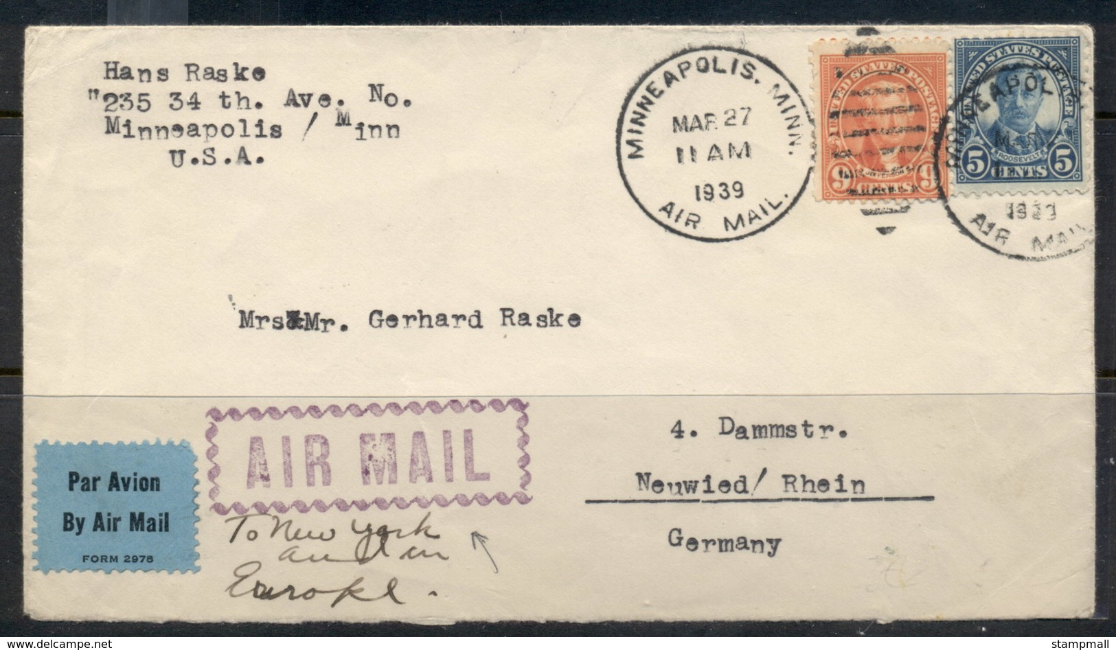 USA 1922-38 Fourth Bureau Air Mail Minneapolis 1939 To Germany Cover - Covers & Documents