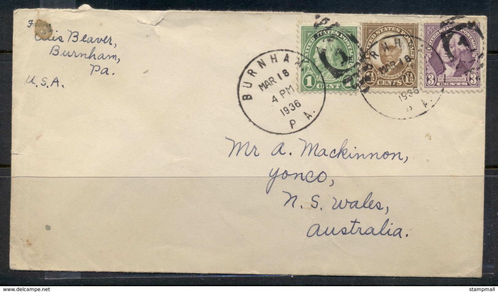 USA 1922-38 Fourth Bureau Burnham 1936 To Australia Cover - Covers & Documents