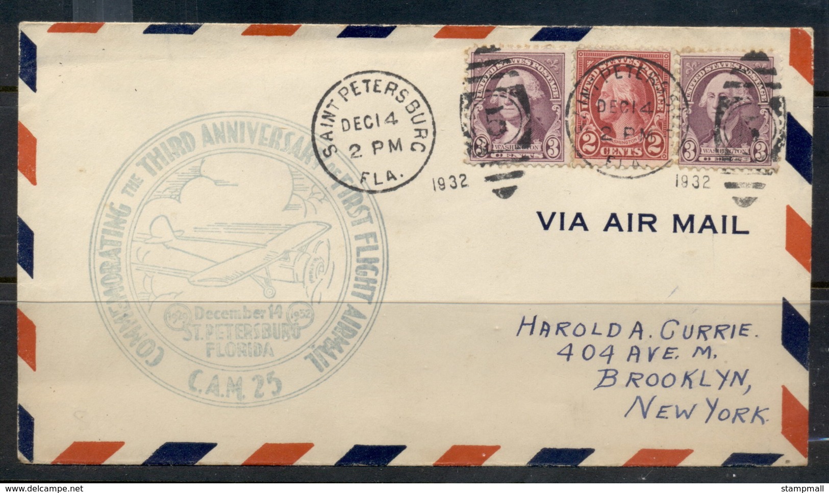 USA 1922-38 Fourth Bureau CAM 25 Third Anniv. Flight Cover 1932 St Petersburg To New York - Covers & Documents