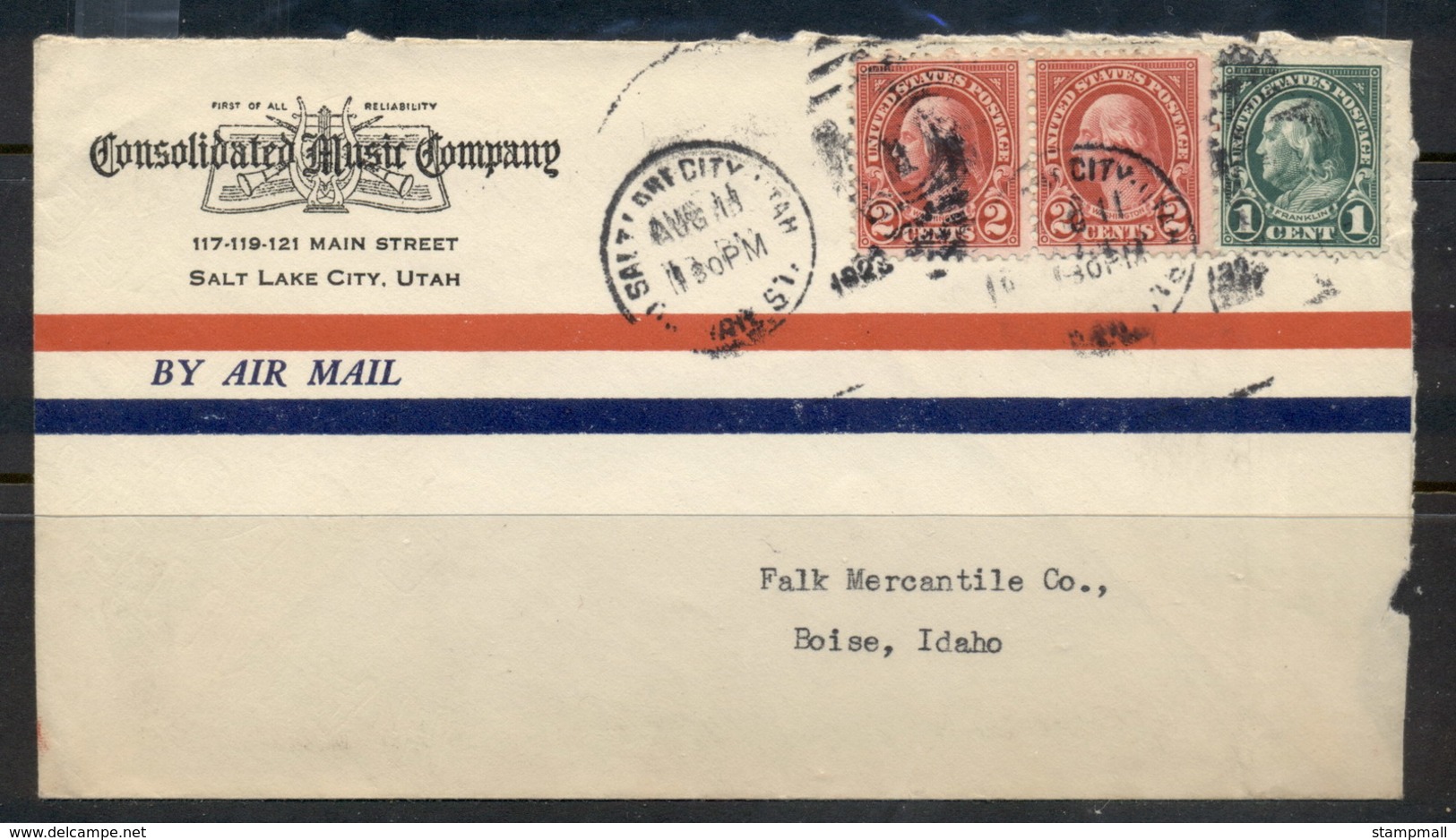 USA 1922-38 Fourth Bureau Consolidated Music Company CC, Salt Lake City 1923 Air Mail Cover - Covers & Documents