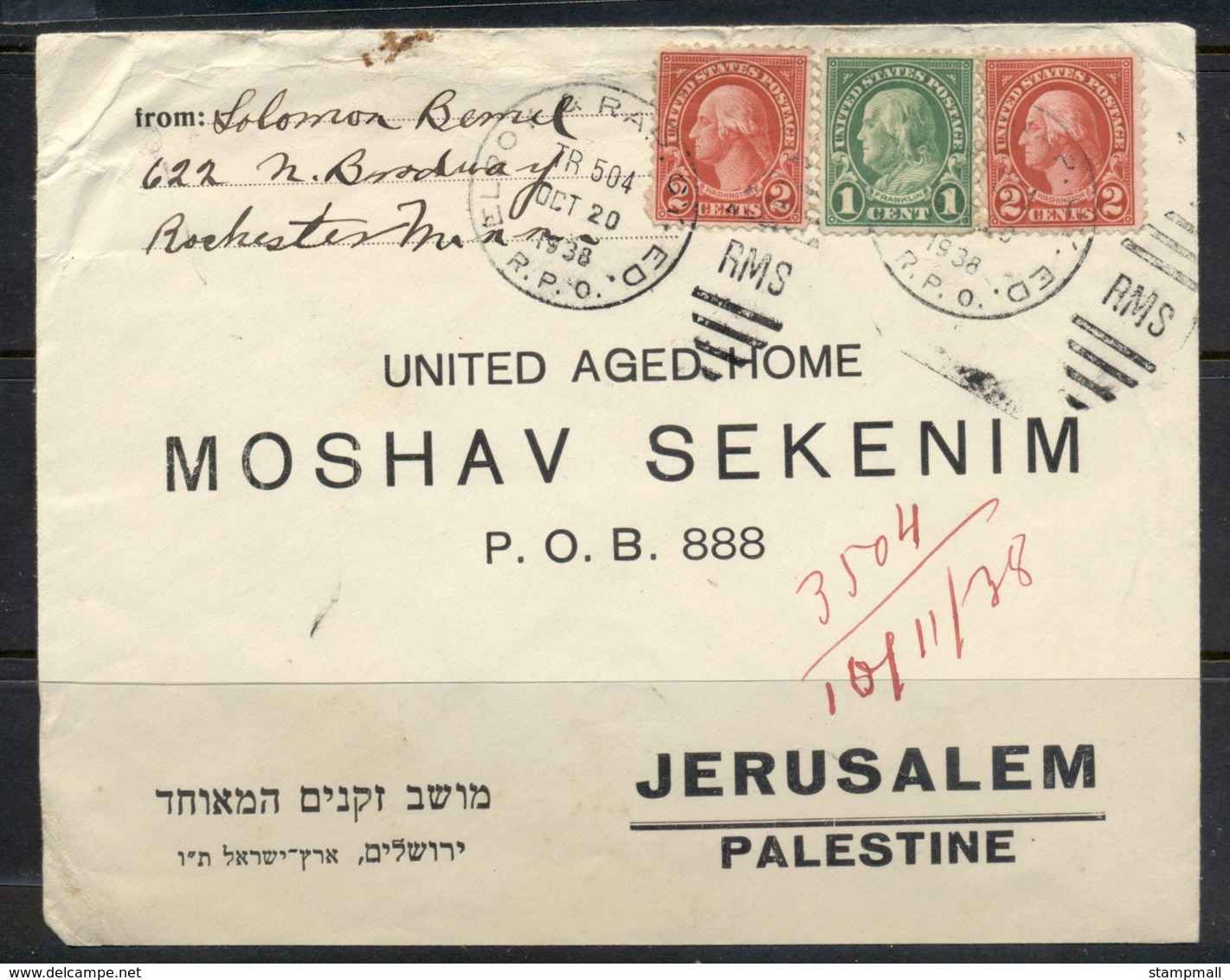 USA 1922-38 Fourth Bureau Elroy 1938 To United Aged Home Palestine Cover - Covers & Documents