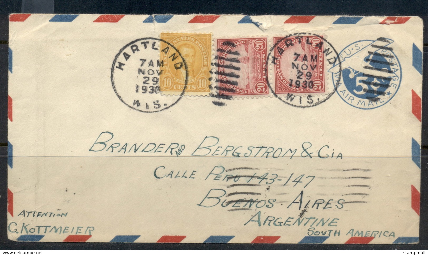 USA 1922-38 Fourth Bureau Golden Gate 20c Pr Uprated Airmail PSE Hartlend To Argentina Cover - Covers & Documents
