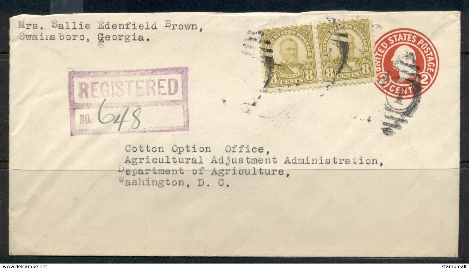 USA 1922-38 Fourth Bureau Grant 2x8c Uprated PSE Registered Swainsboro1934 Cover - Covers & Documents