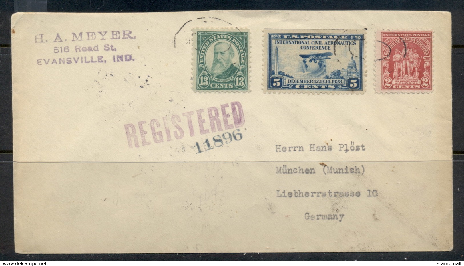 USA 1922-38 Fourth Bureau Harrison 13c Mixed Franking Registered Evansville 1931 To Germany Cover - Covers & Documents