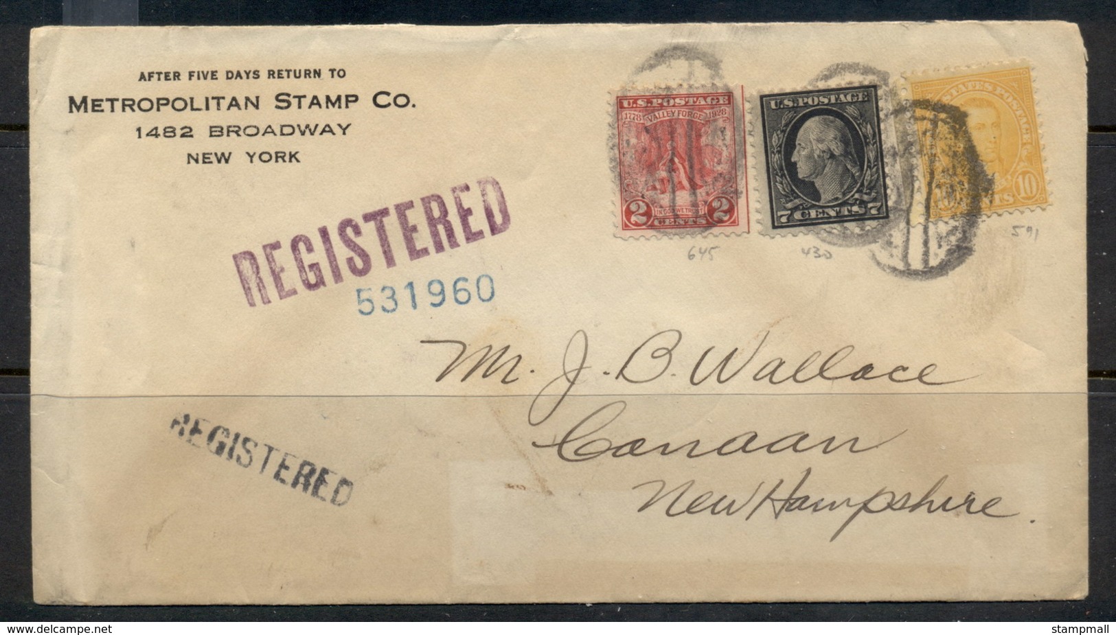 USA 1922-38 Fourth Bureau Metropolitan Stamp Co Mixed Franking Registered 1928 Cover - Covers & Documents