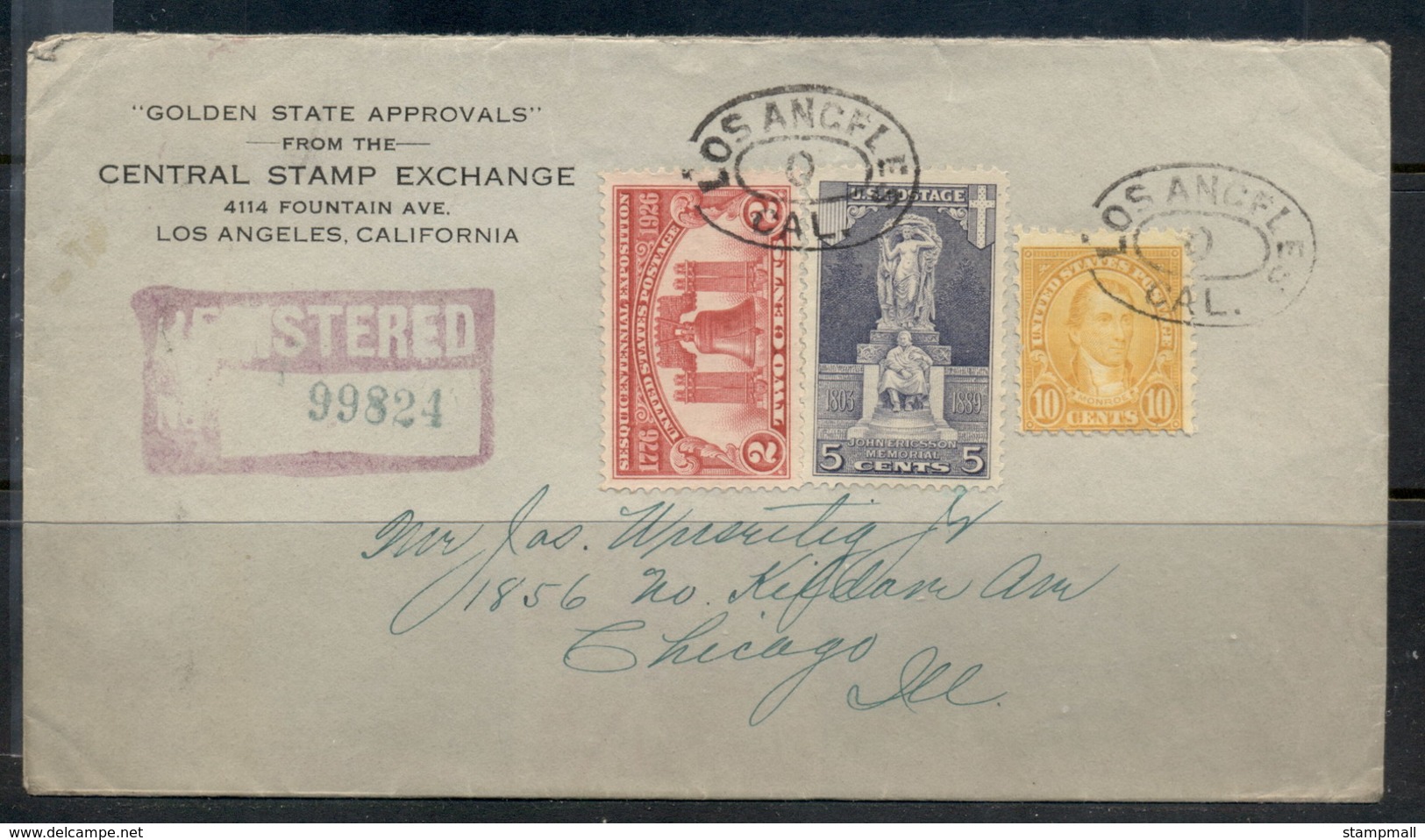 USA 1922-38 Fourth Bureau Monroe 10c, Ericcson, Sesqui Registered Los Angeles 1926 Stamp Dealer Cover - Covers & Documents