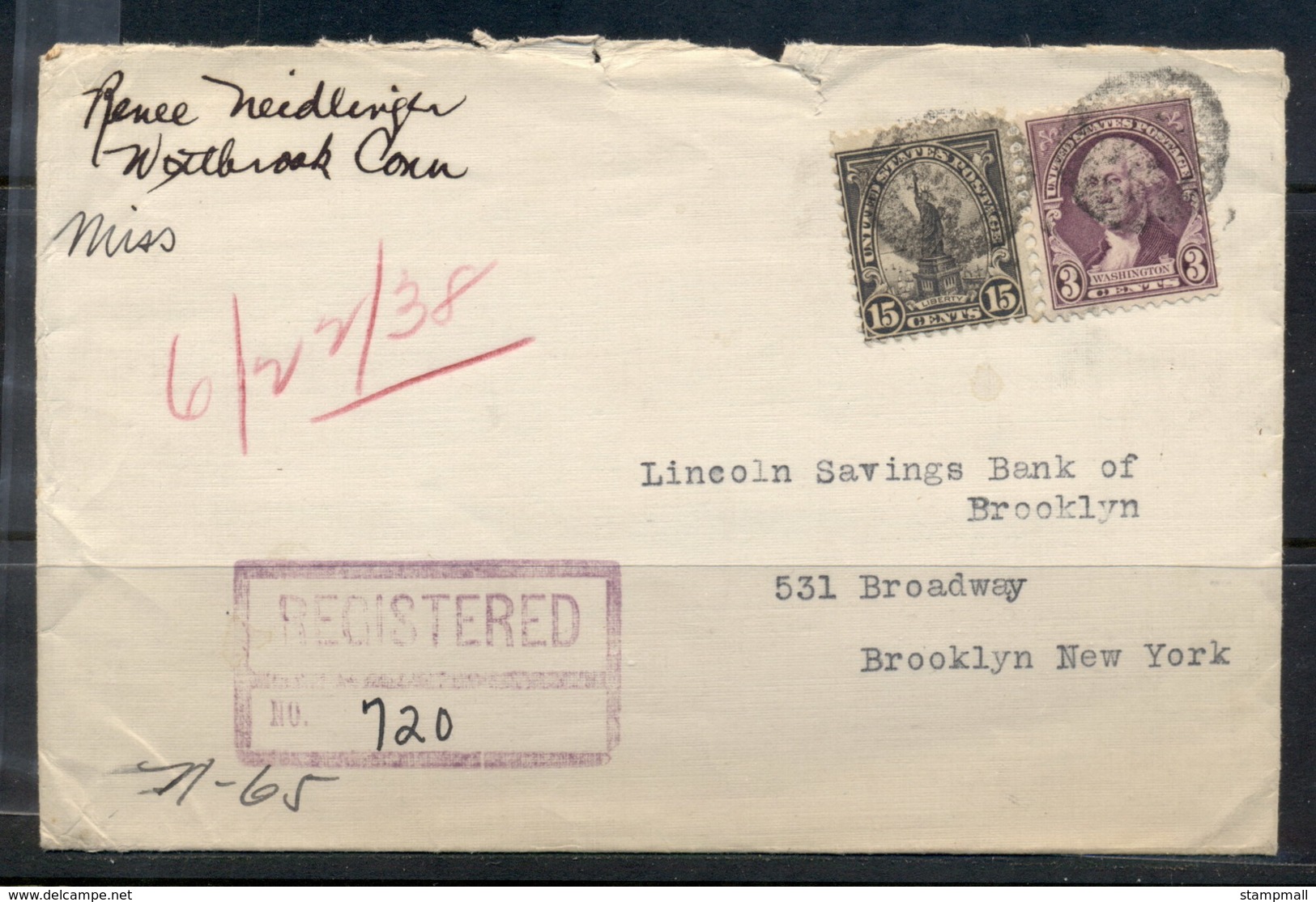 USA 1922-38 Fourth Bureau Registered Brooklyn 1938 Cover - Covers & Documents