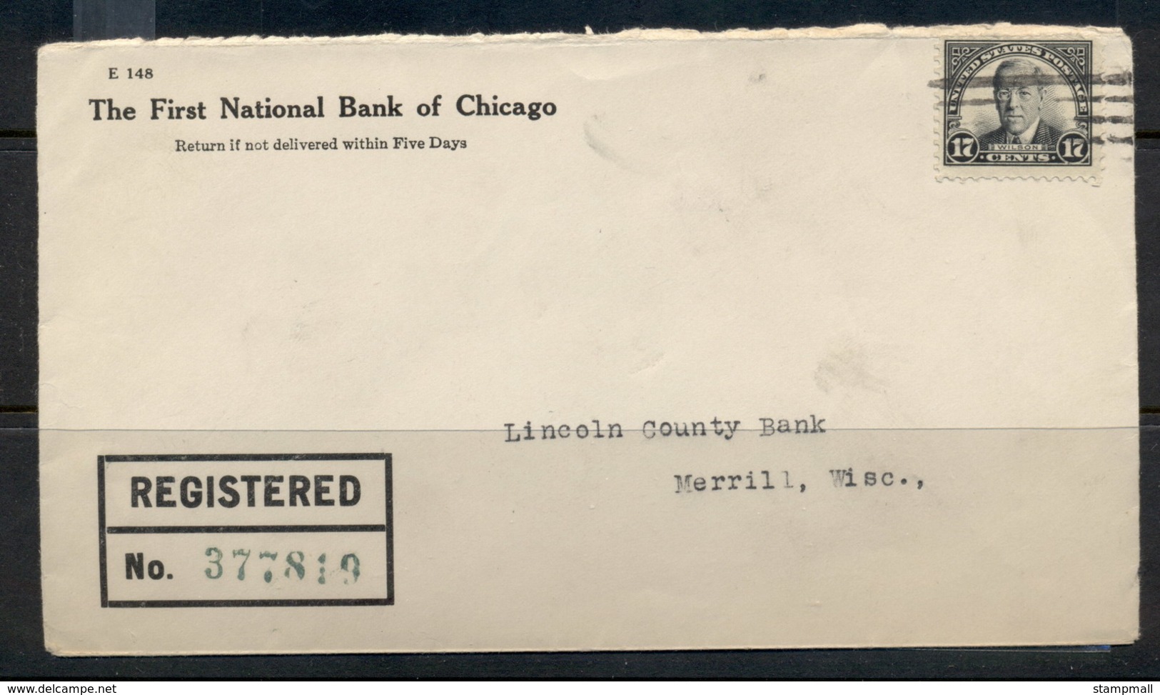 USA 1922-38 Fourth Bureau Registered First National Bank CC 17c Wilson Cover - Covers & Documents