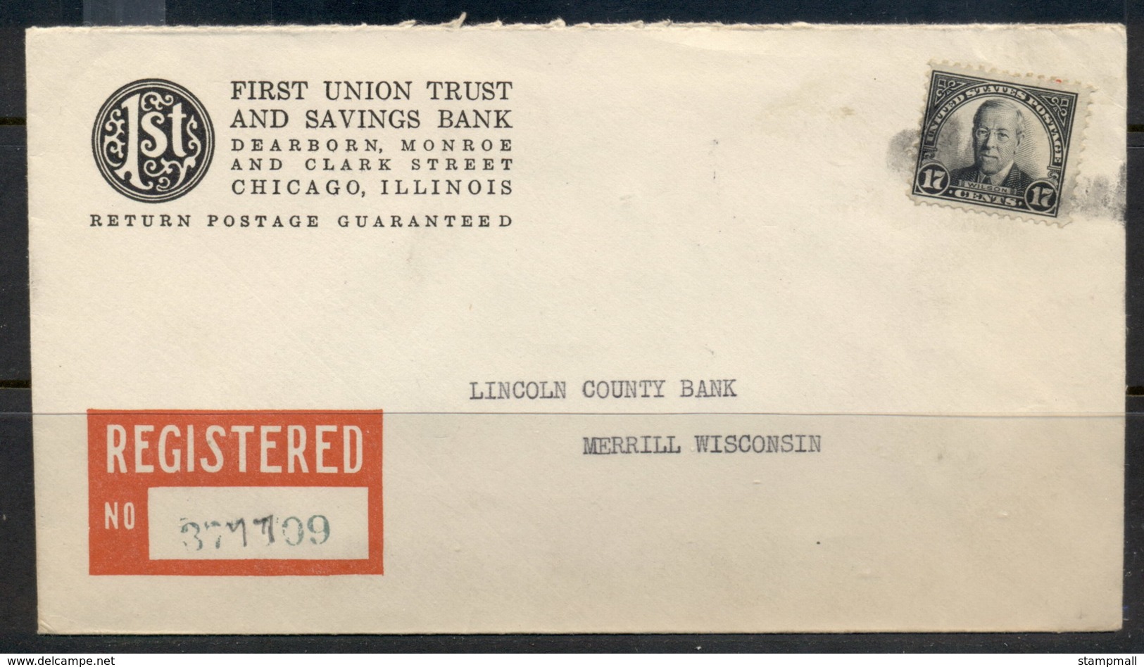 USA 1922-38 Fourth Bureau Registered First Union Trust And Savings Bank CC 17c Wilson Cover - Covers & Documents