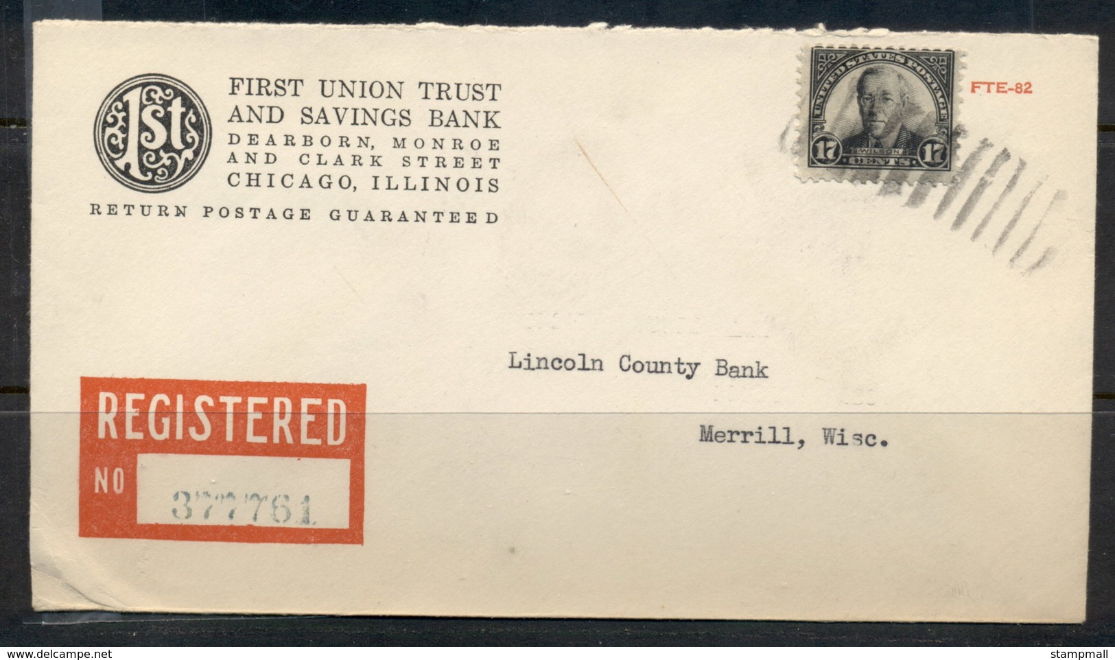 USA 1922-38 Fourth Bureau Registered First Union Trust And Savings Bank CC 17c Wilson Cover - Covers & Documents