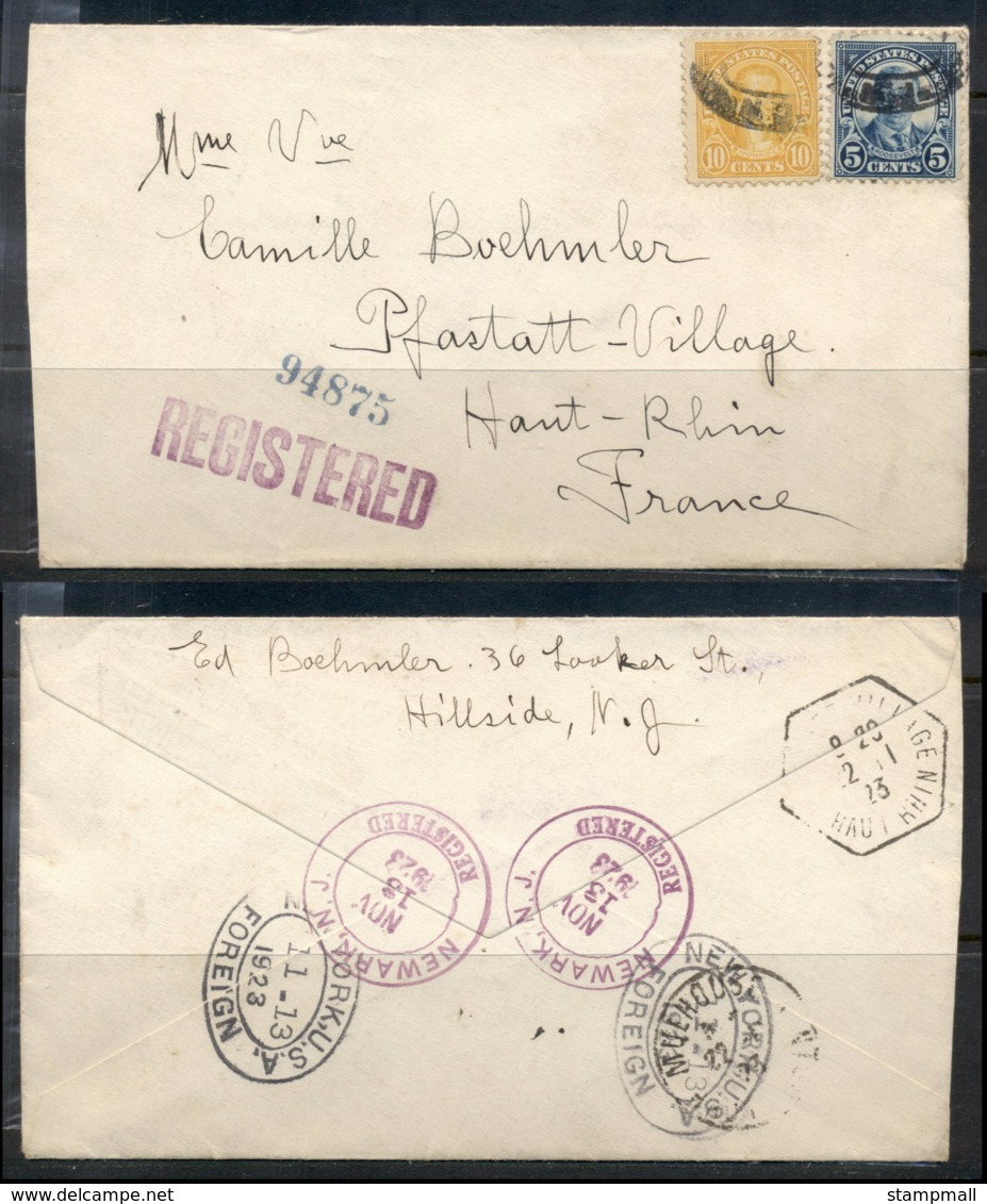 USA 1922-38 Fourth Bureau Registered Newark 1923 To France, Nice Backstamps Cover - Covers & Documents