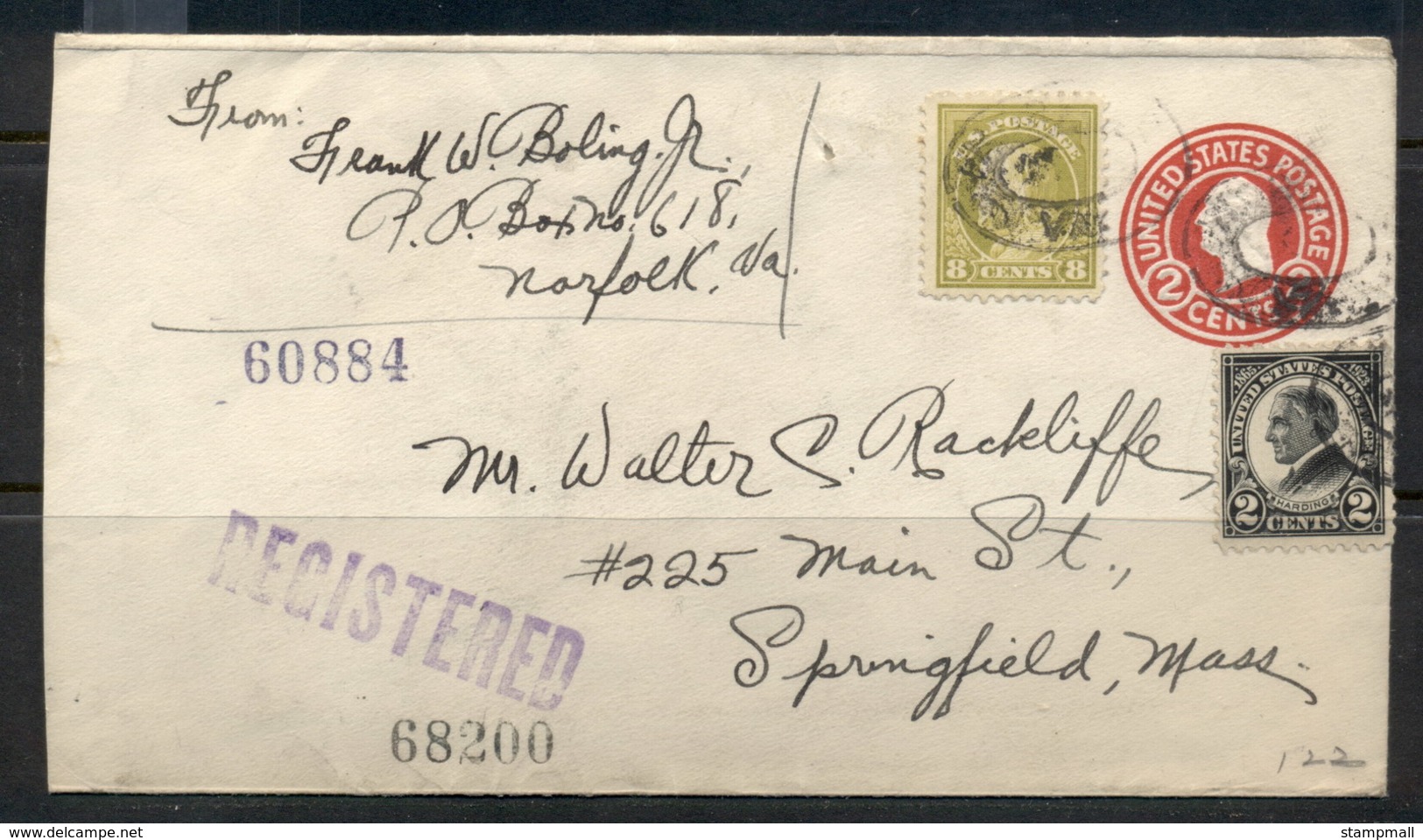 USA 1922-38 Fourth Bureau Registered Norfolk1924 To Springfield Uprated Mixed Franking Cover - Covers & Documents