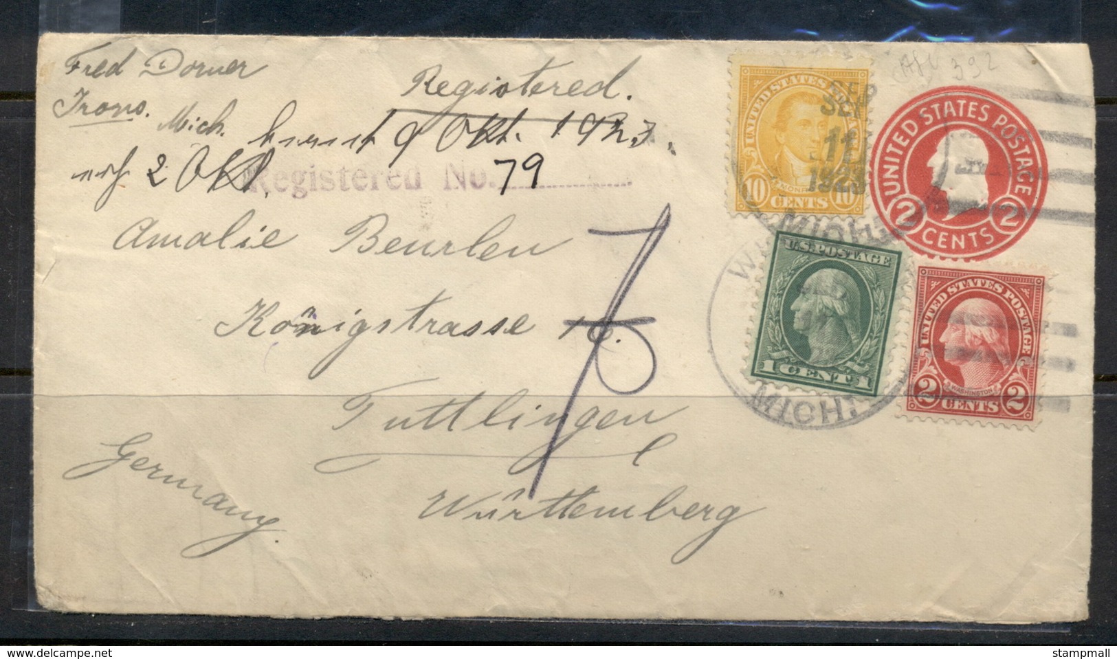 USA 1922-38 Fourth Bureau Registered Wellston 1923 To Germany Uprated PSE Cover - Covers & Documents