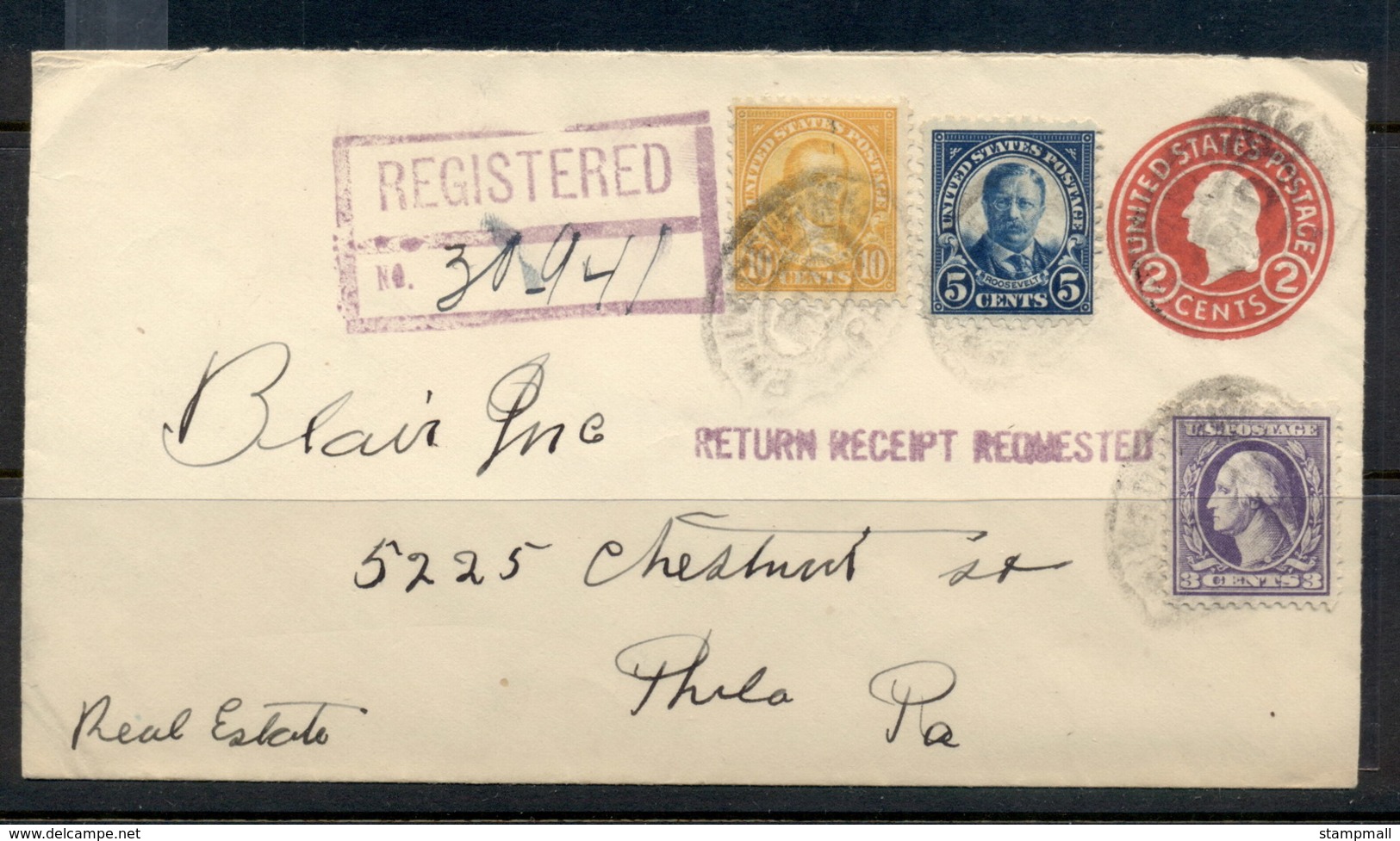 USA 1922-38 Fourth Bureau Registered Mixed Franking Uprated PSE Philadelphia 1926 - Covers & Documents