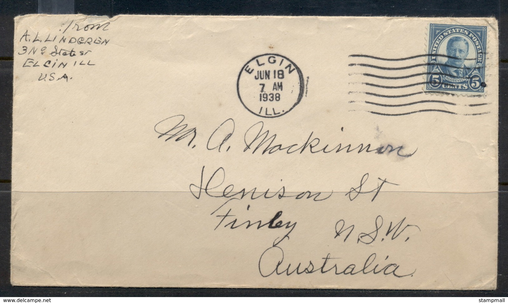 USA 1922-38 Fourth Bureau Roosevelt 5c , Elgin To Australia 1938 Cover - Covers & Documents