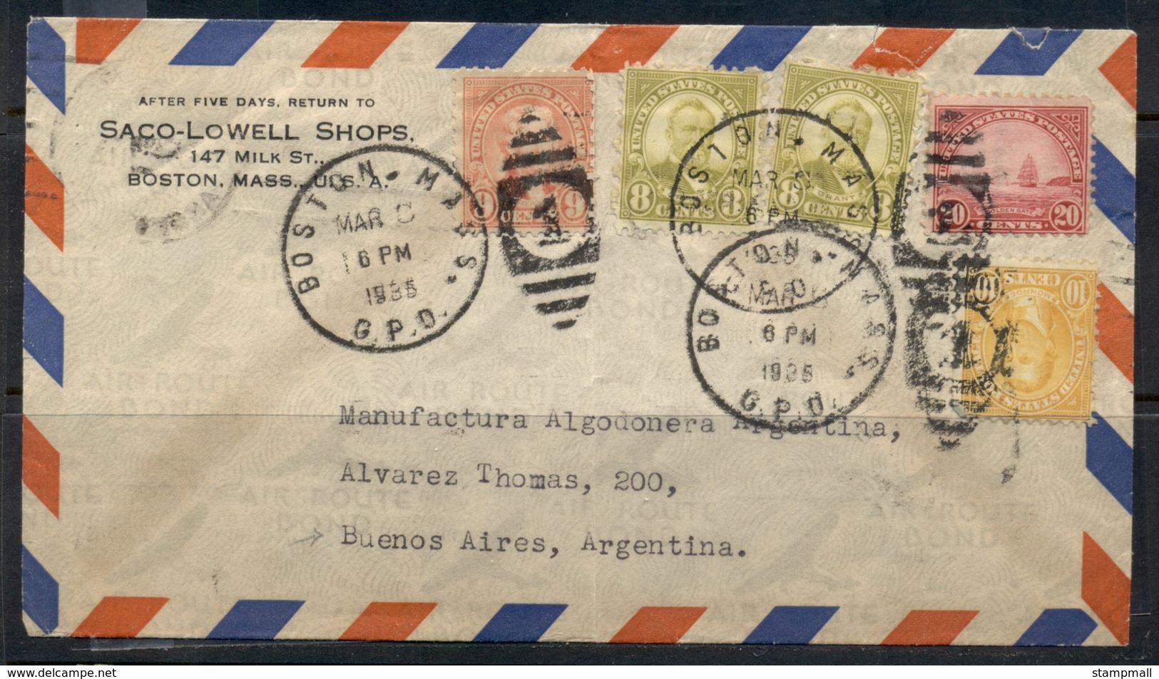 USA 1922-38 Fourth Bureau Saco-Lowell Shops CC Air Mail Boston To Argentina 1935 Cover - Covers & Documents