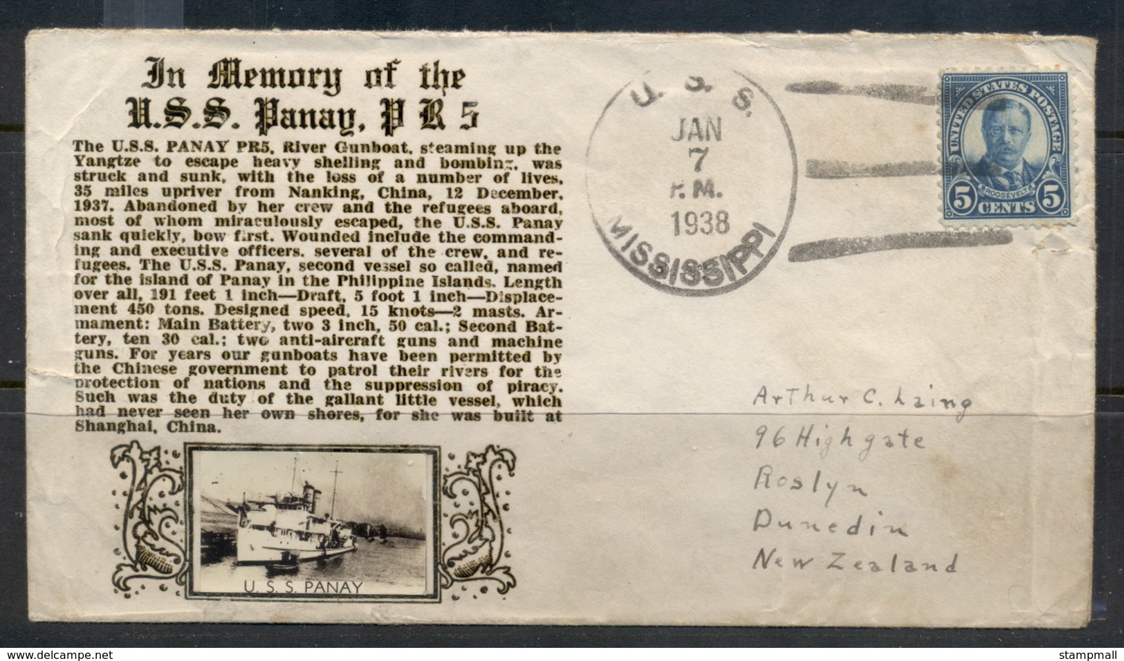USA 1922-38 Fourth Bureau USS Panay To New Zealand Cover (faults) - Covers & Documents