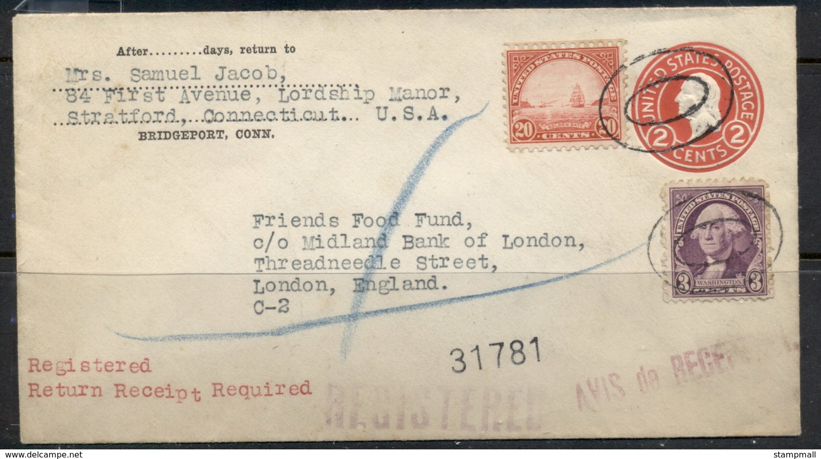 USA 1922-38 Fourth Bureau Uprated PSE Mixed Franking Golden Gate 20c Registered Bridgeport 1937 Cover - Covers & Documents