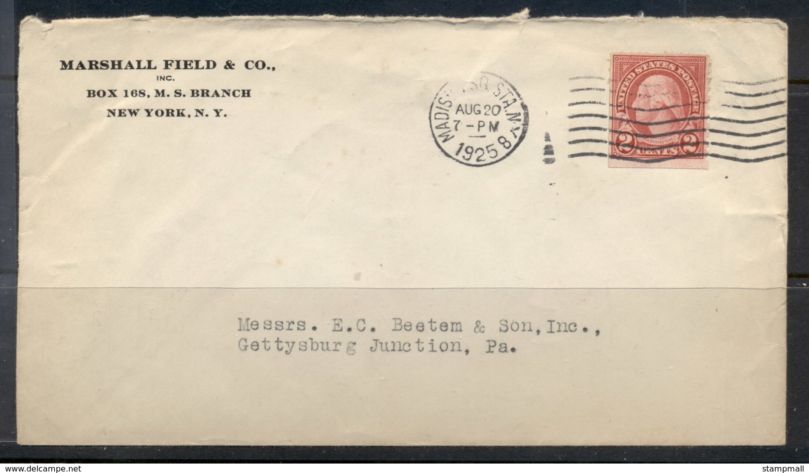 USA 1922-38 Fourth Bureau Washington 2c Coil, Marshall Field CC, Madison Sq 1925 Cover - Covers & Documents