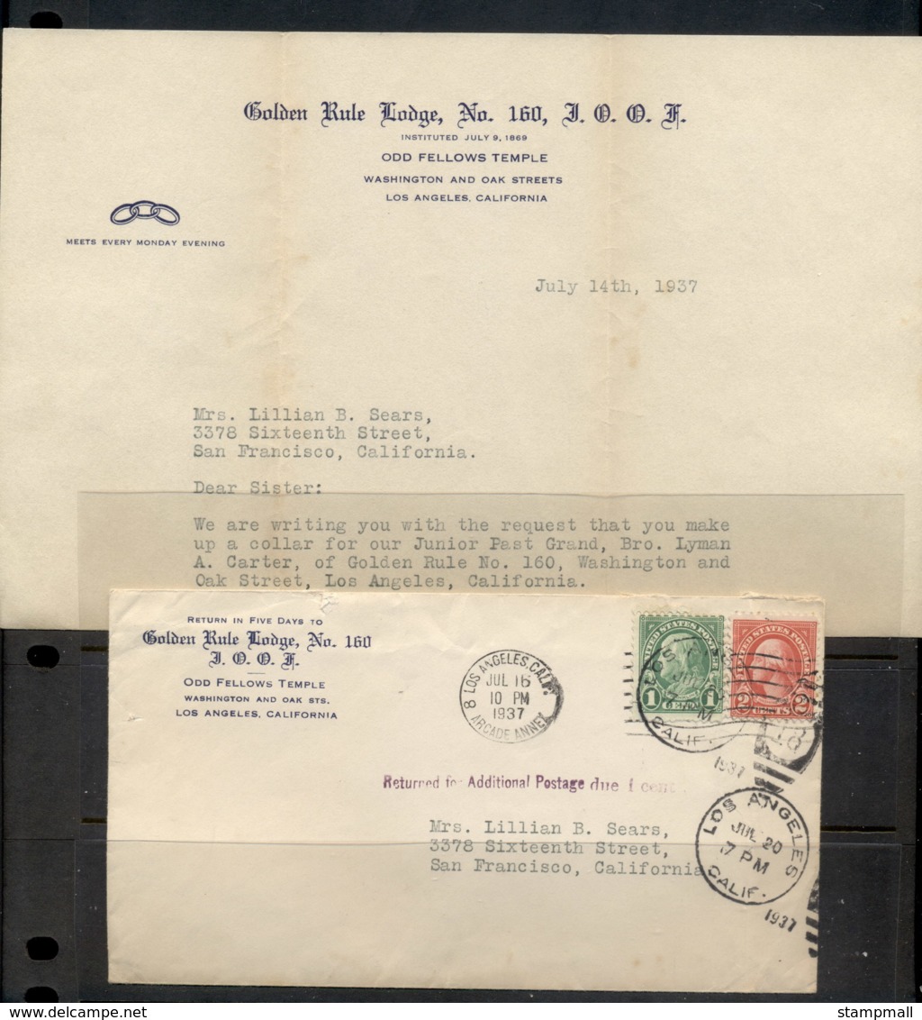 USA 1922-38 Fourth Bureau Washington 2c, Franklin 1c, Golden Rule Lodge CC With Enclosure Letter , Los Angeles 1937 - Covers & Documents